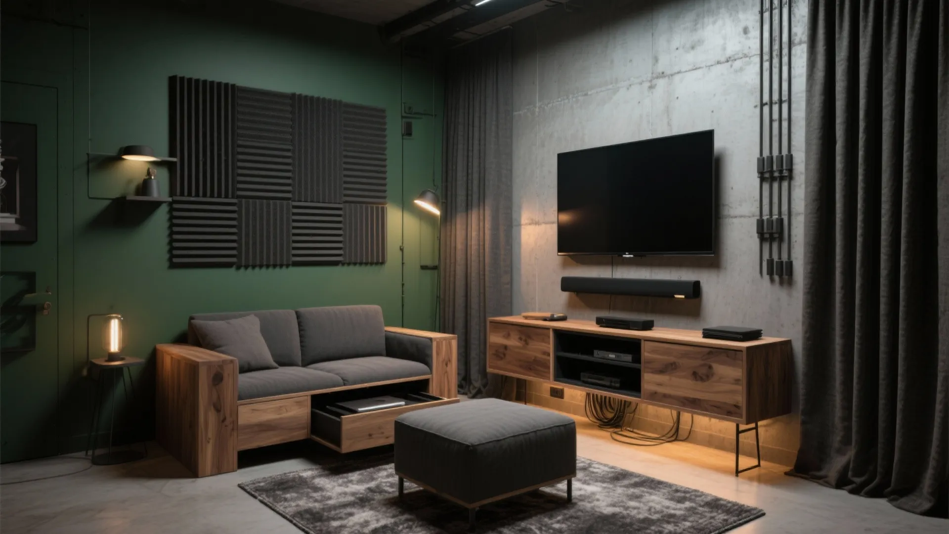 Dark green living room with grey sofa footrest wooden cabinet television and grey acoustic wall panels