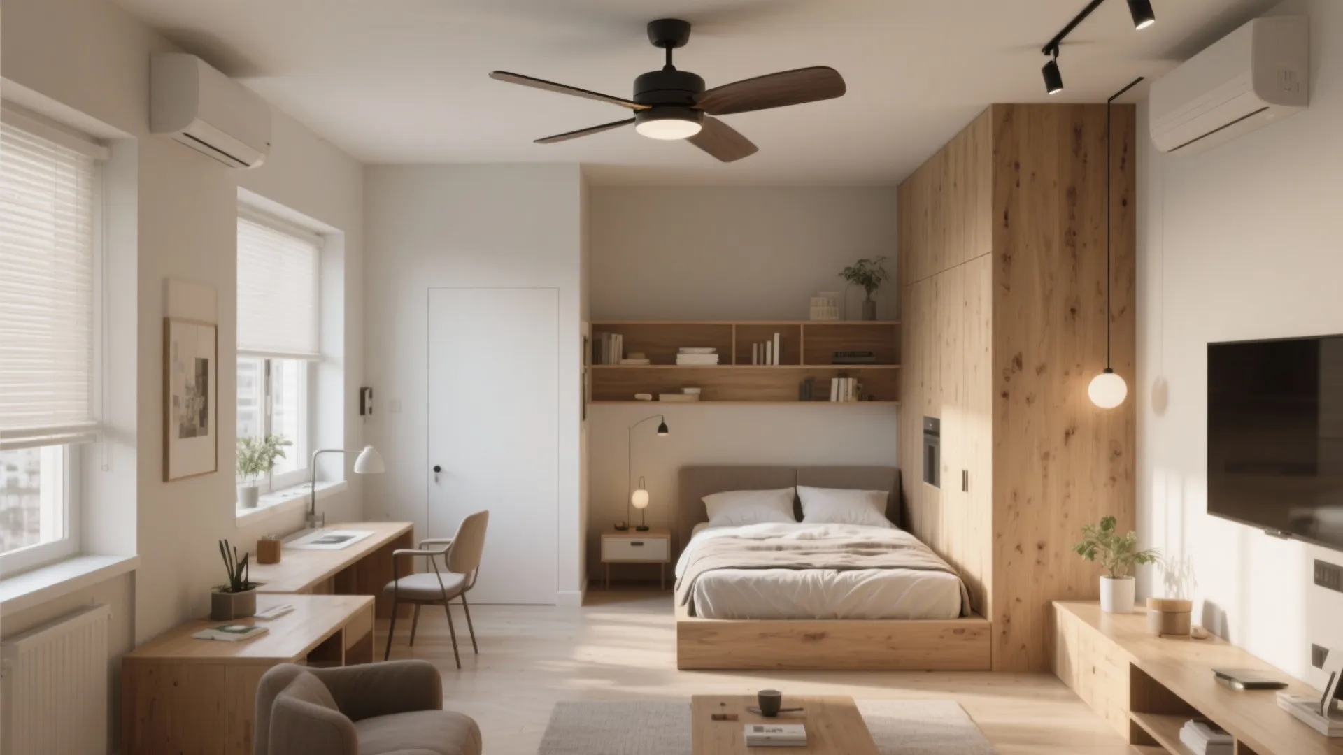 Minimalist studio apartment with wooden furniture black ceiling light fan and bright natural window light