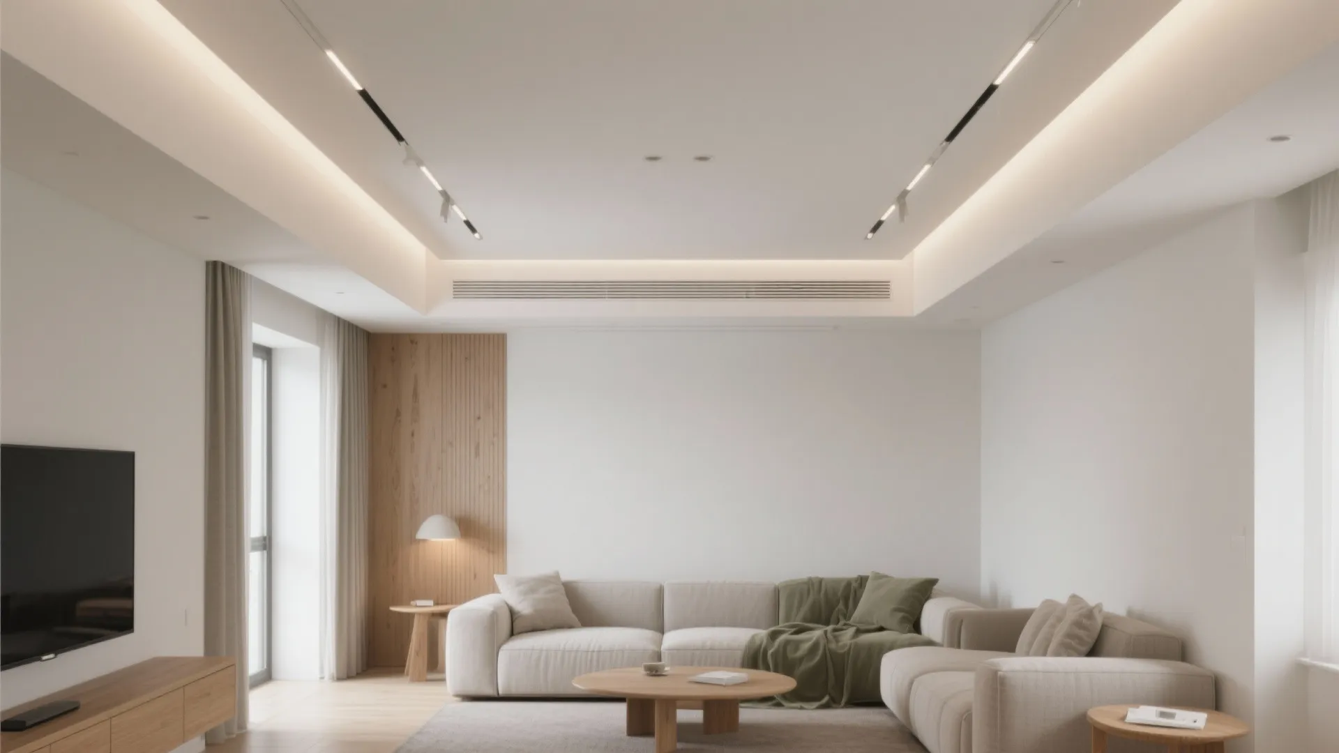 Minimalist living room featuring recessed ceiling lights white walls large sofa and wall panel detail