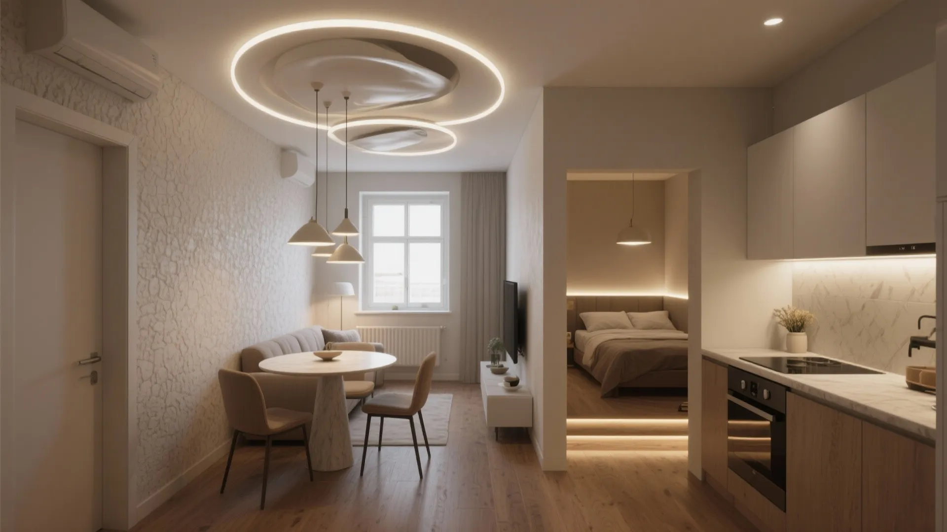 Modern studio apartment room layout with circular ceiling light kitchen cabinet and bed in the back