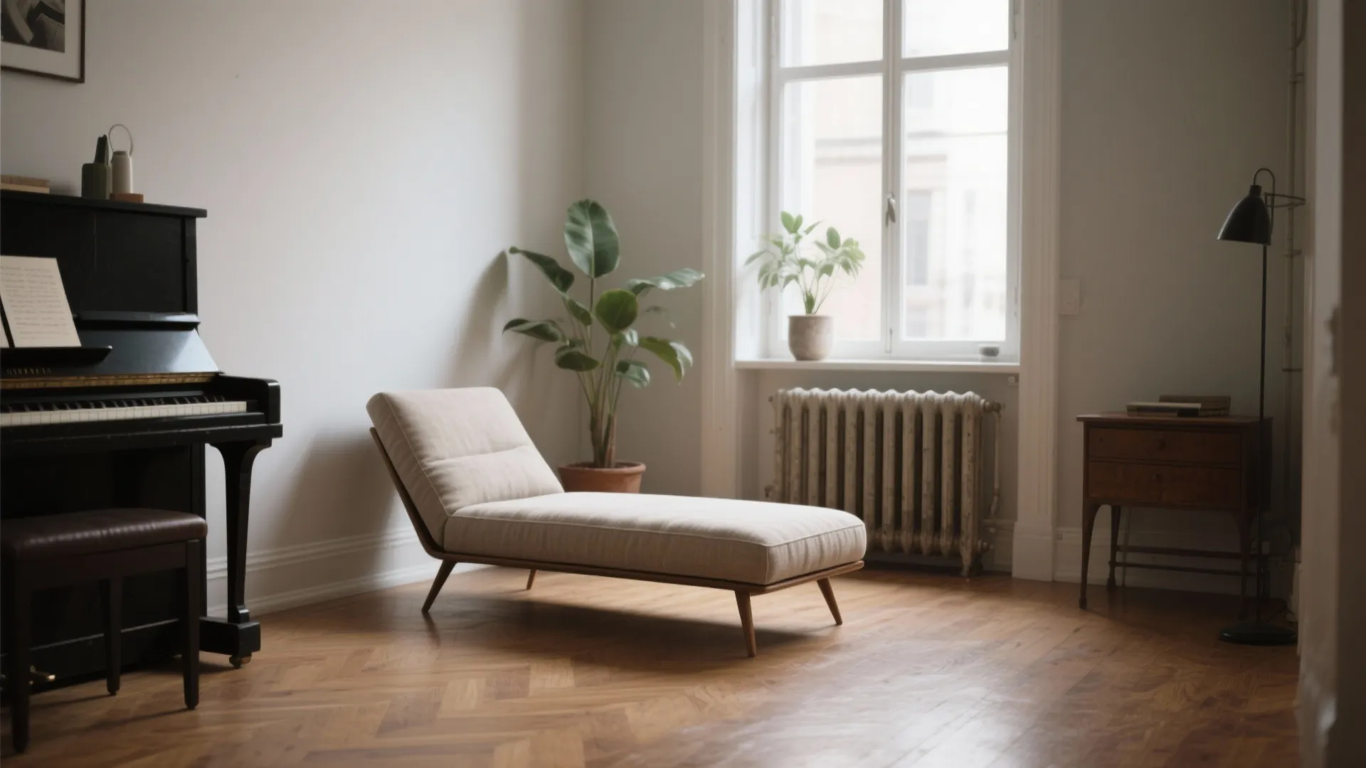 Minimalist cream sofa in a studio with a black piano wooden floor and large window