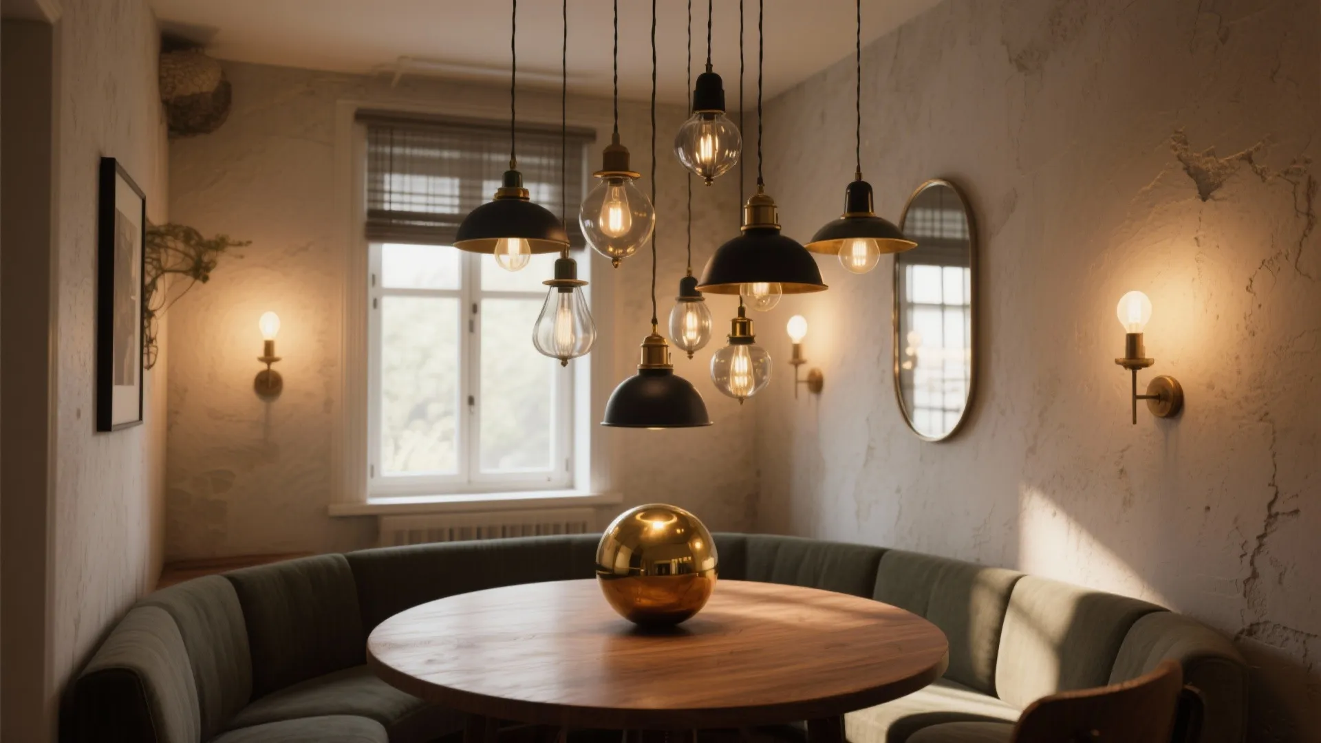 Dining room with wooden table and several black and glass ceiling light fixtures hanging above