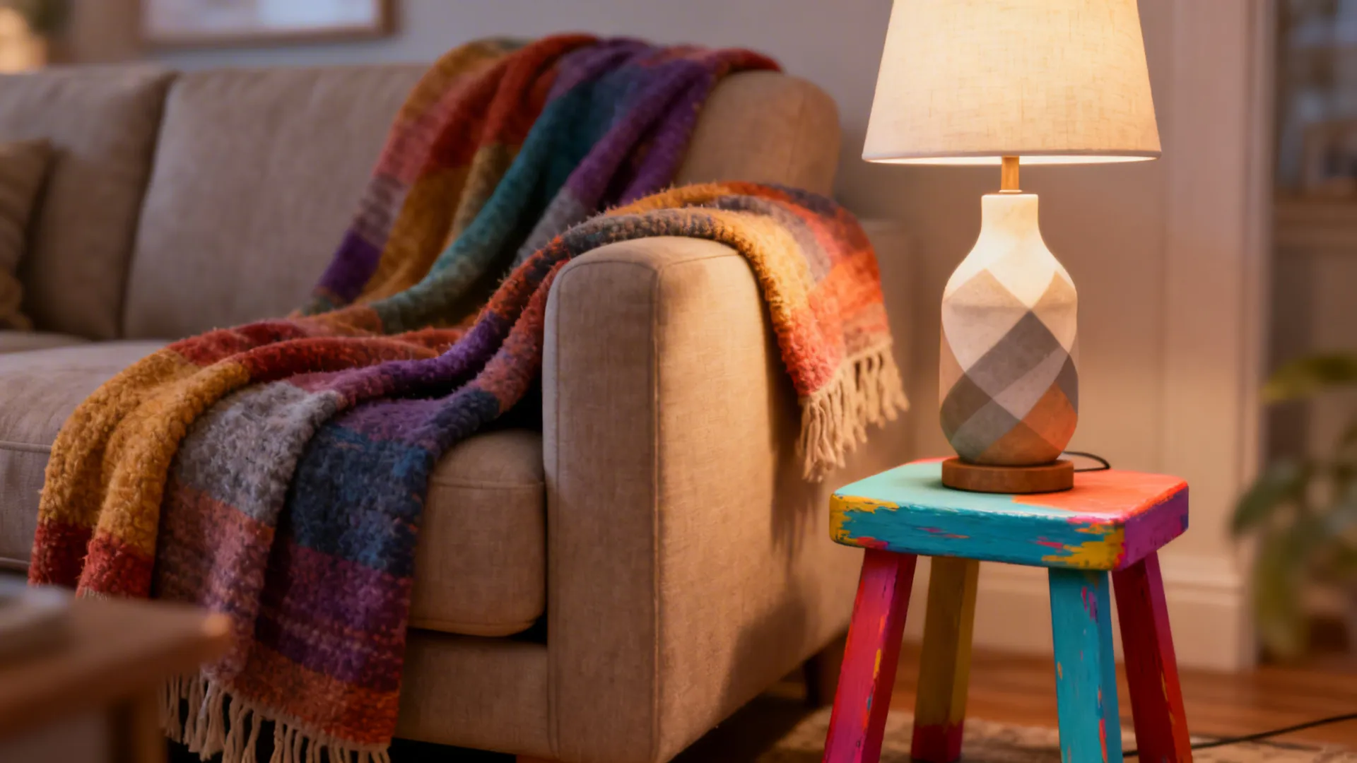 Small styling changes: colored throw on sofa, swapped lamp and painted stool in compact living room.