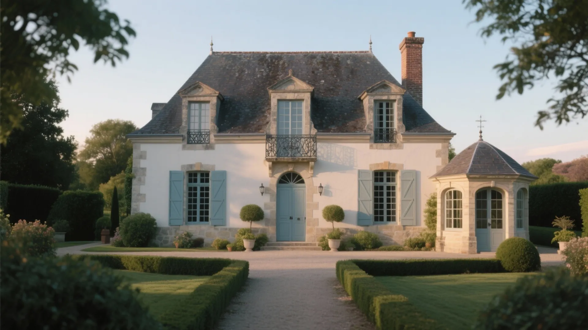 White stone house with blue shutters blue door roof windows and well kept green garden