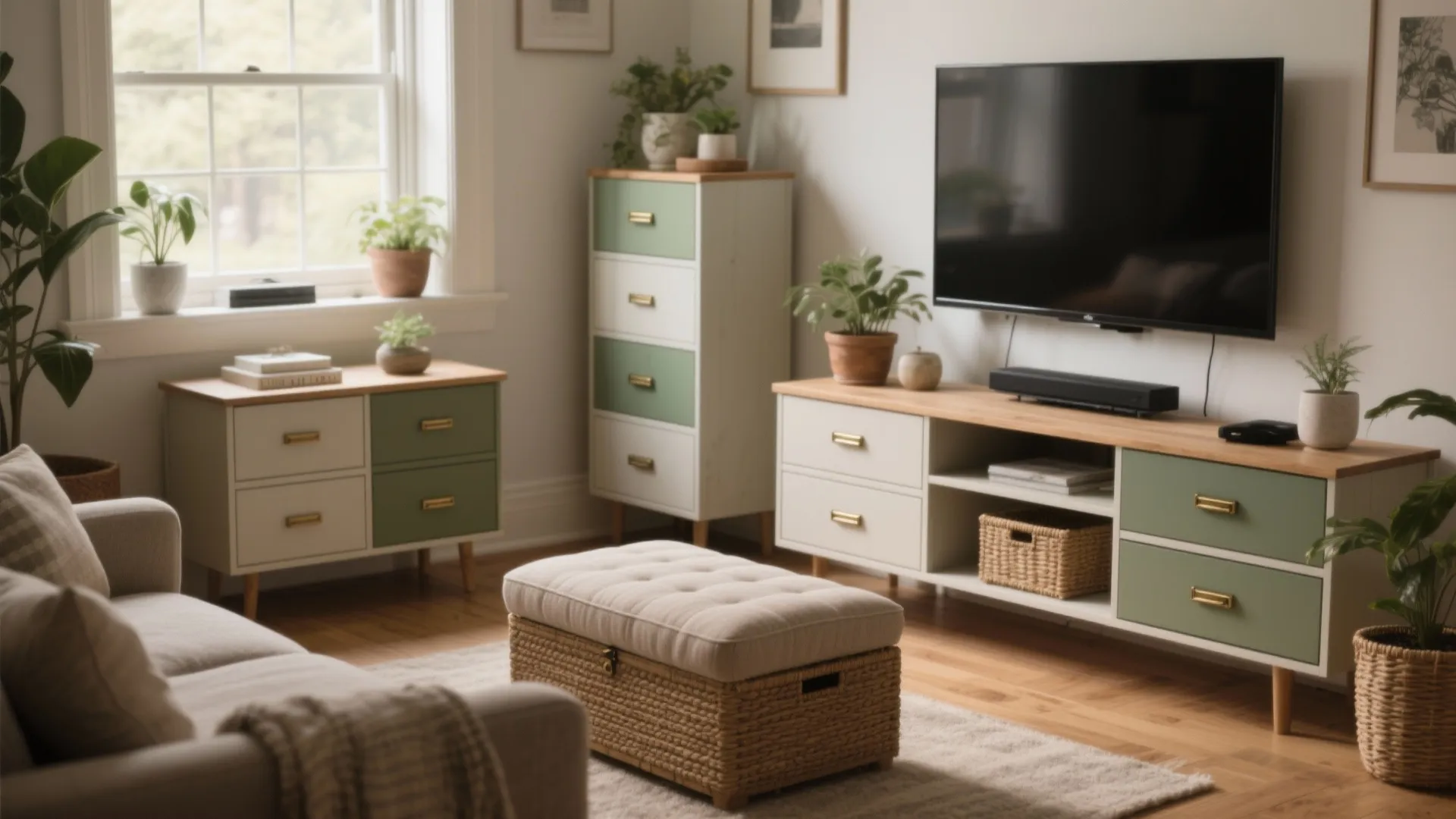 Living room with green cabinets a television a sofa and a beige footrest on carpet