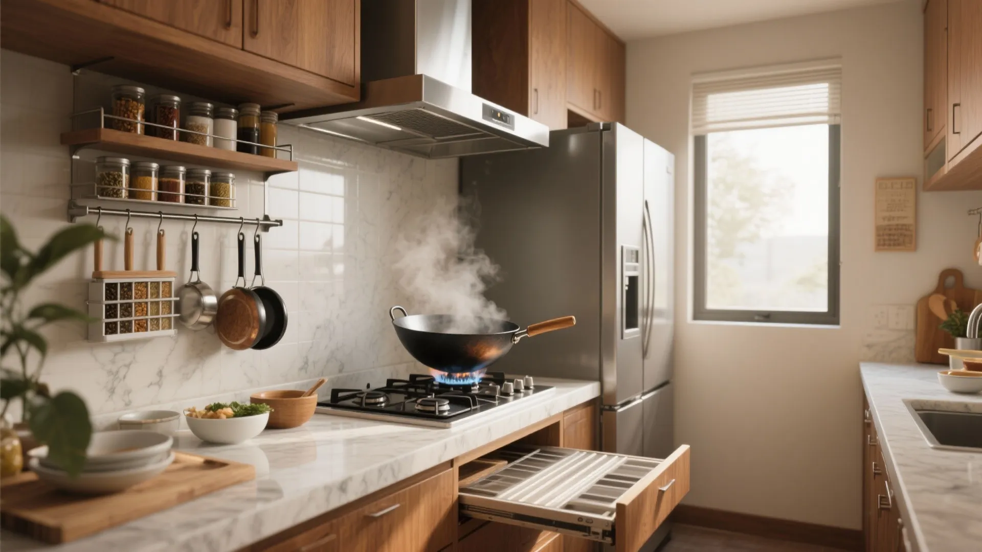 Modern kitchen with wood cabinets featuring a steaming cooking pan on a lit gas stove