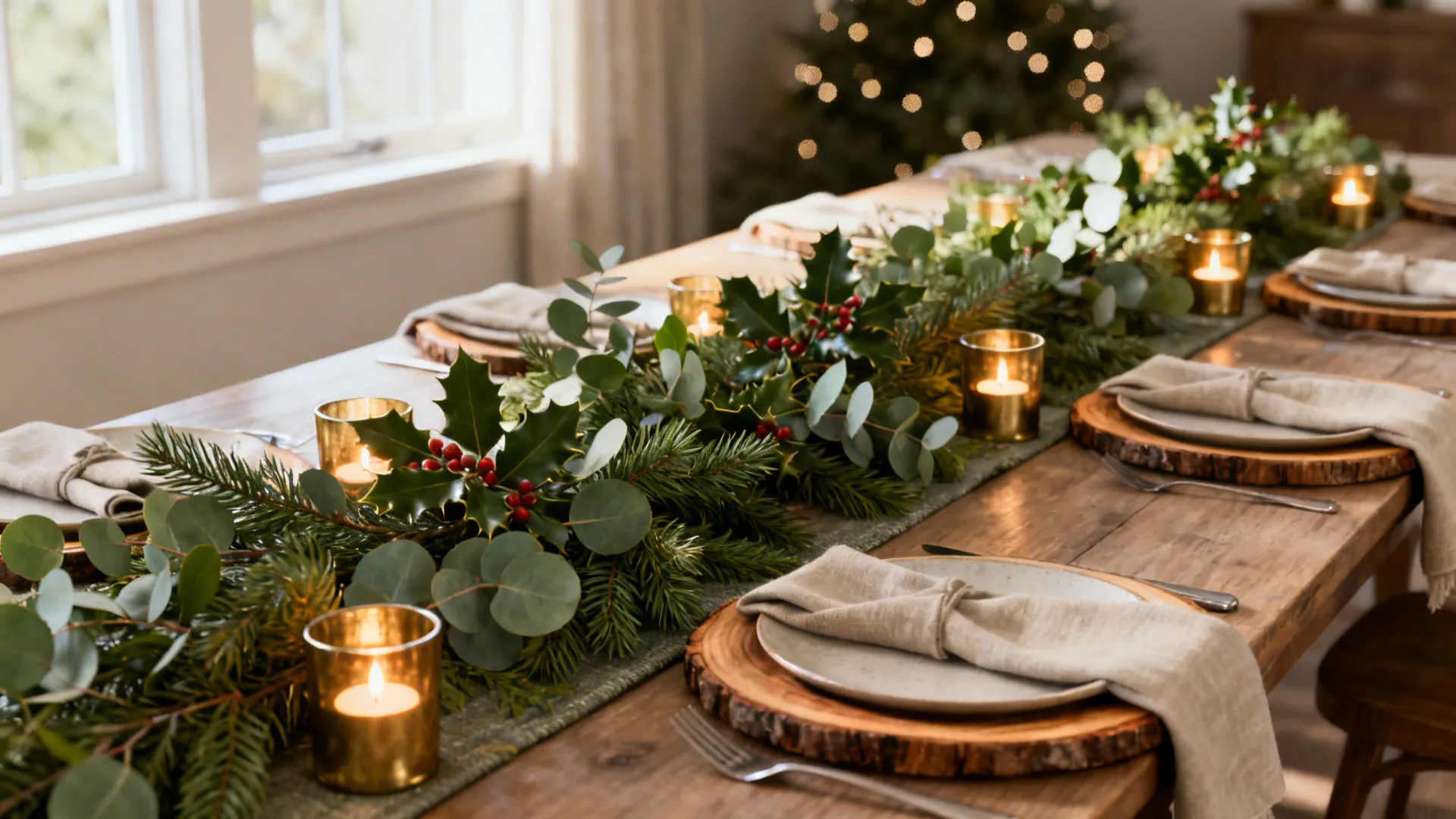 Festive wooden dining table decorated with green leafy garland, red berries, gold candles, and round plates