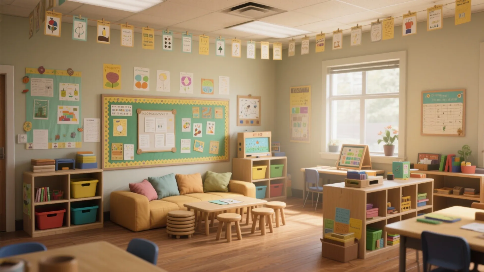 Primary school classroom with yellow sofa small wooden stools green board and organized book shelves