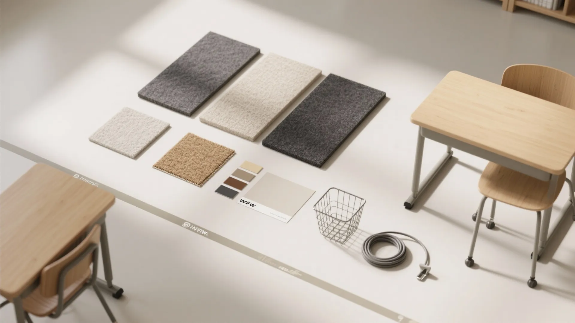 Top down view of interior design material samples for school furniture with desks and chairs