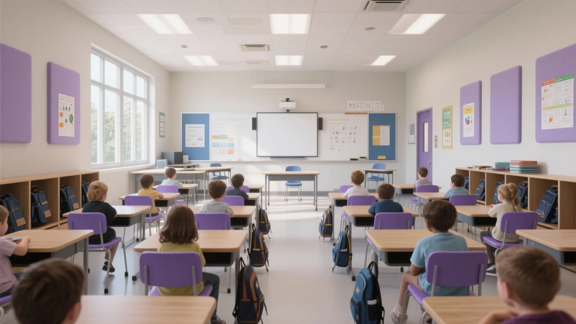 Modern classroom interior with purple chairs wooden desks white walls and students sitting at their places