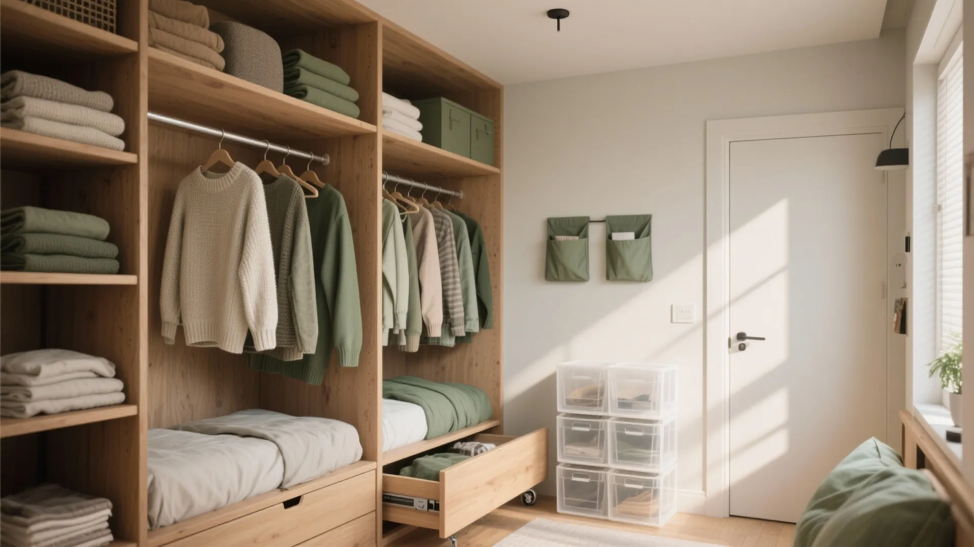 Large wooden wardrobe with hanging clothes and clear plastic storage boxes in a sunny room