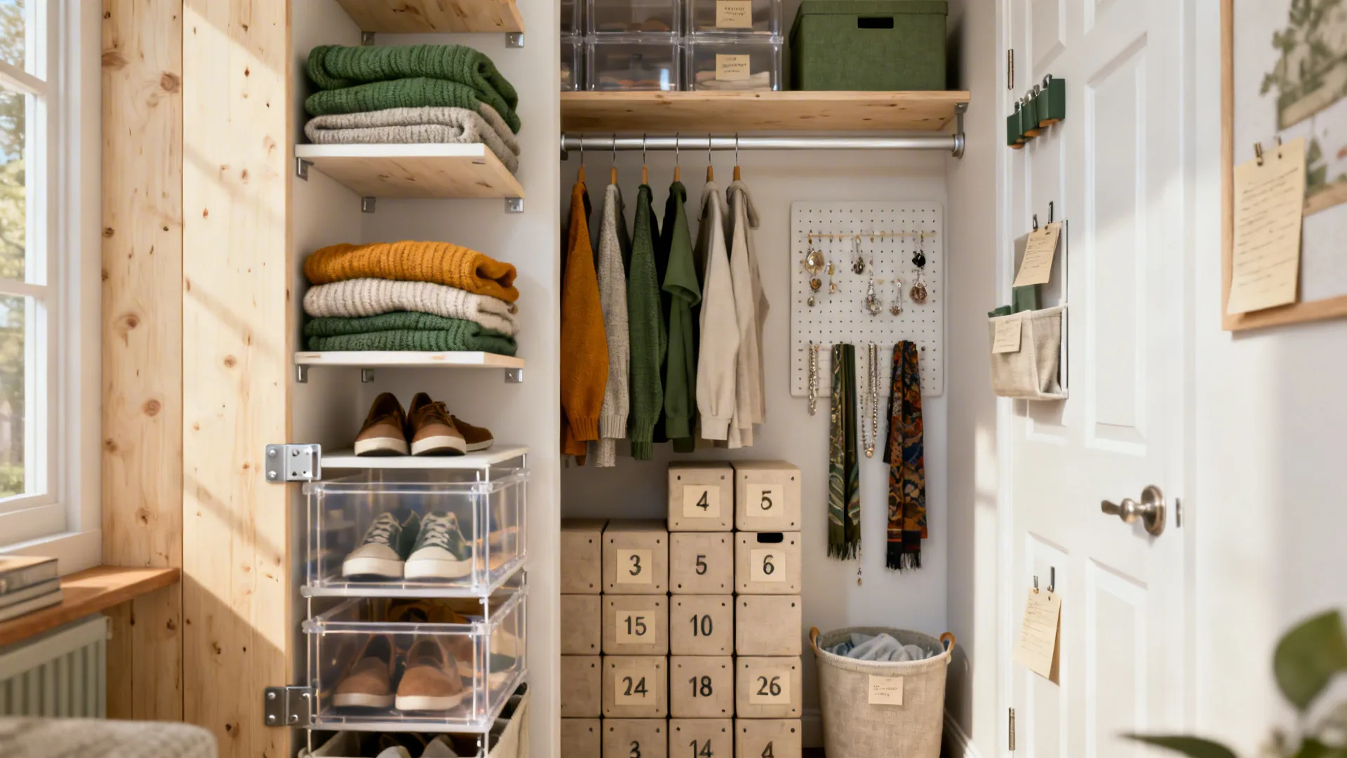 Small organized closet with shelves of sweaters hanging clothes pegboard and numbered cardboard storage boxes