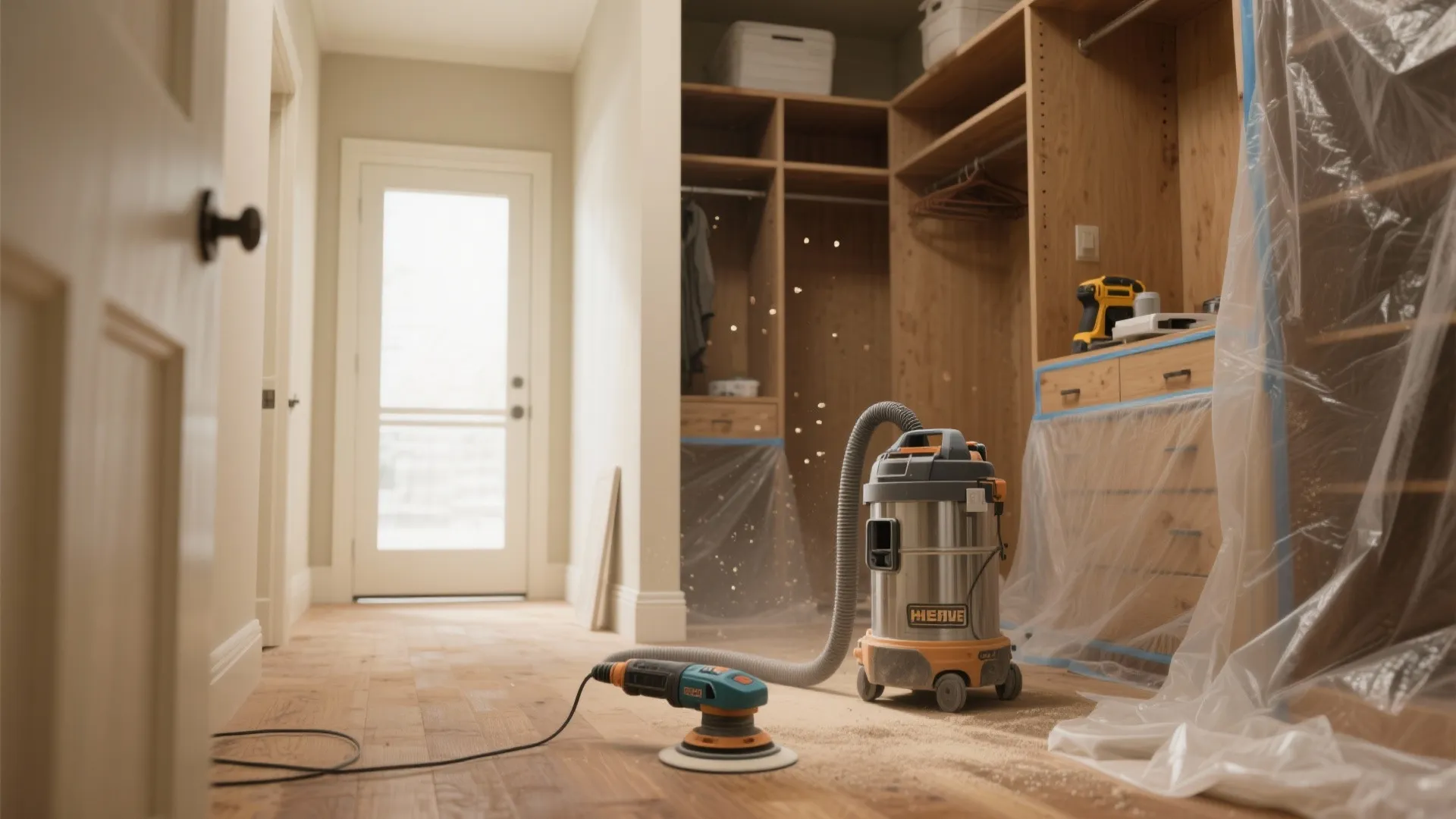 Electric sander and vacuum cleaner on wooden floor inside a walk in closet under home renovation