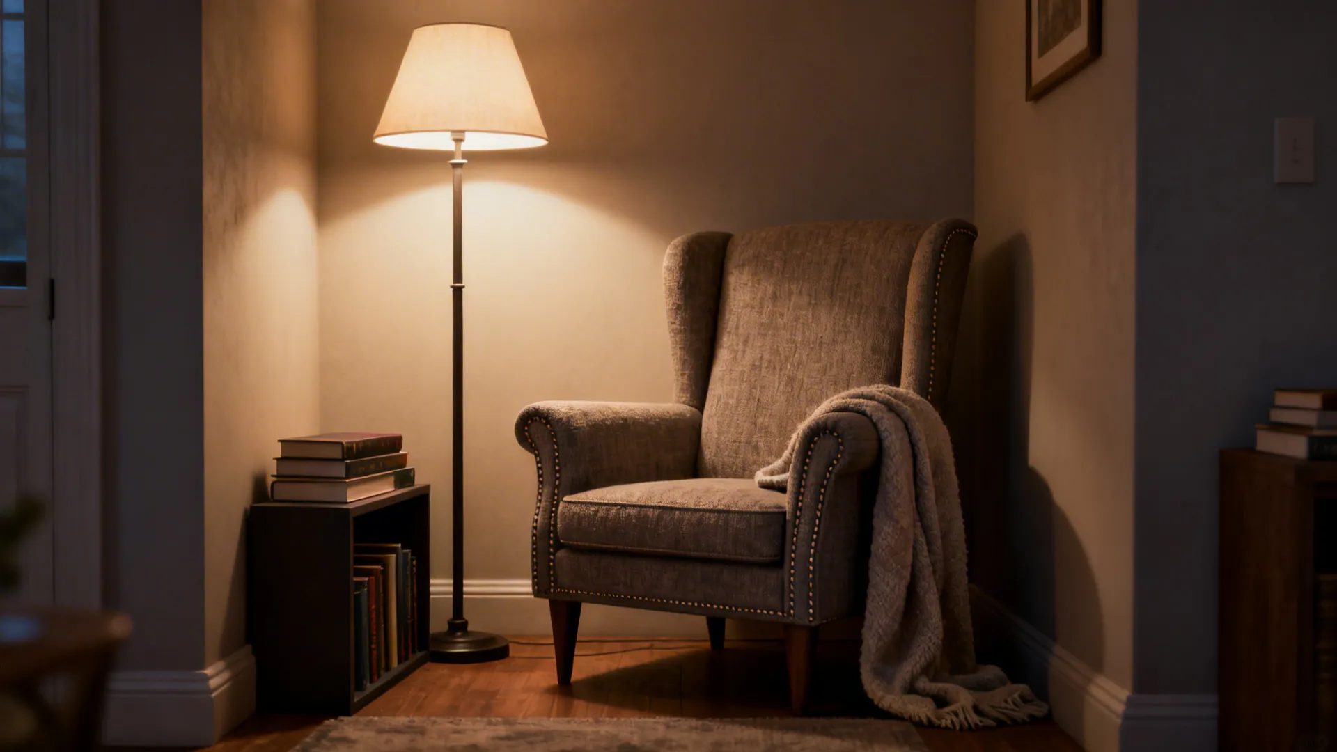 Cozy reading nook with a small upholstered club chair and tapered arms
