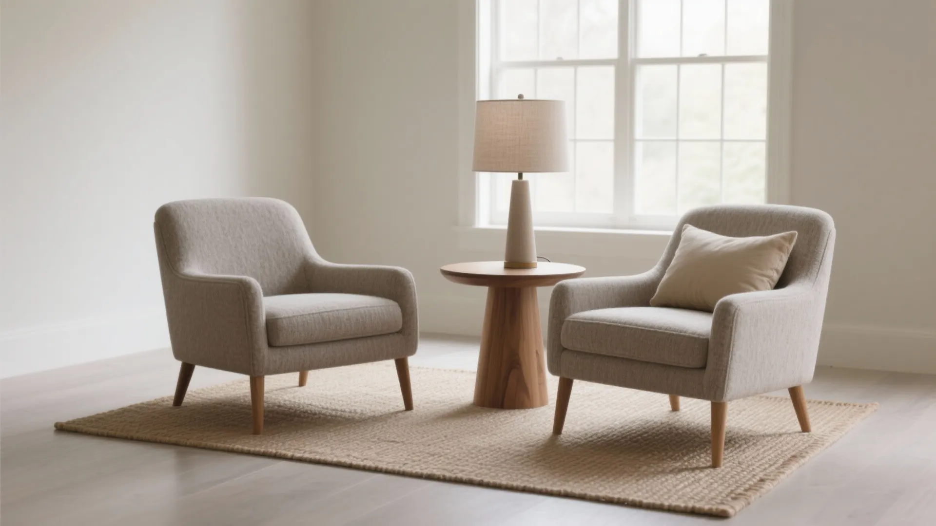 Two grey armchairs facing each other with a wooden side table and lamp on rug