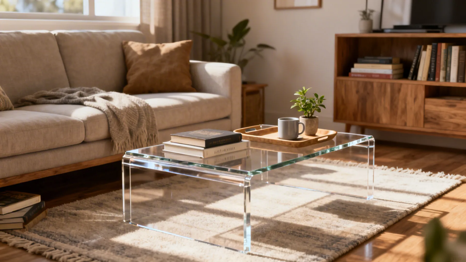 Clear glass coffee table on rug with books and tray in room with wooden cabinet