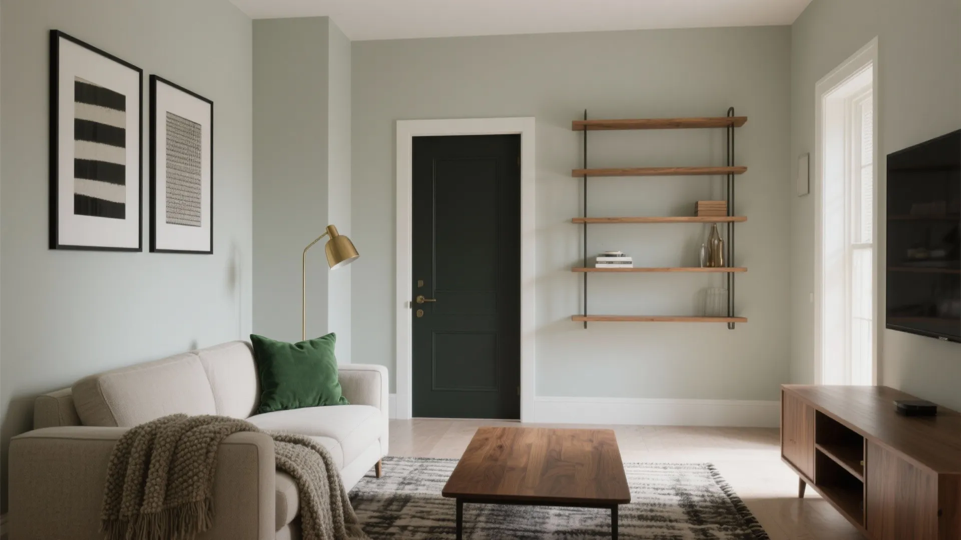 Modern living room featuring green walls, dark door, wooden coffee table, white sofa, and shelves