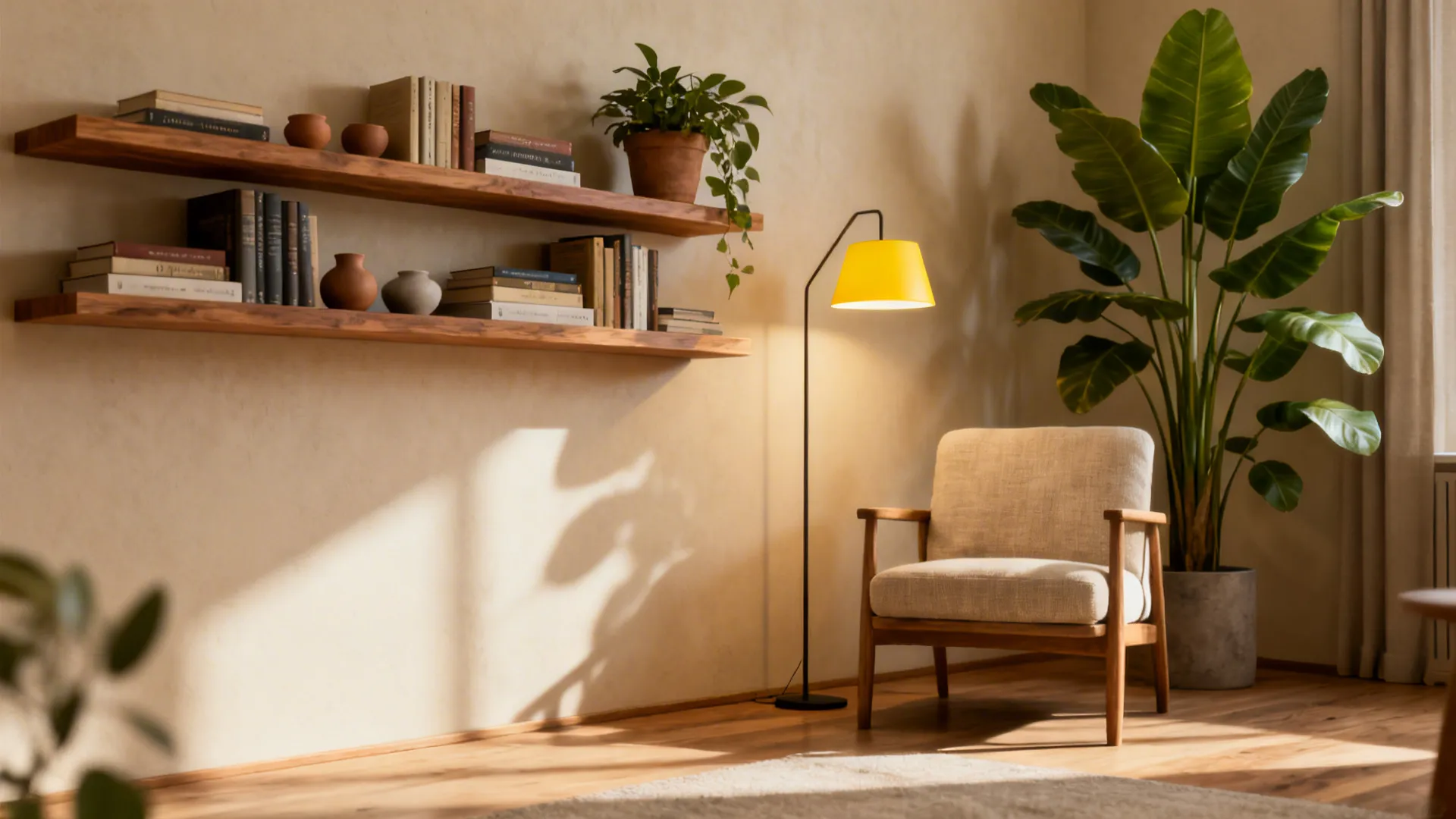 Cozy reading nook with wooden armchair yellow floor lamp green plant and wall mounted shelves