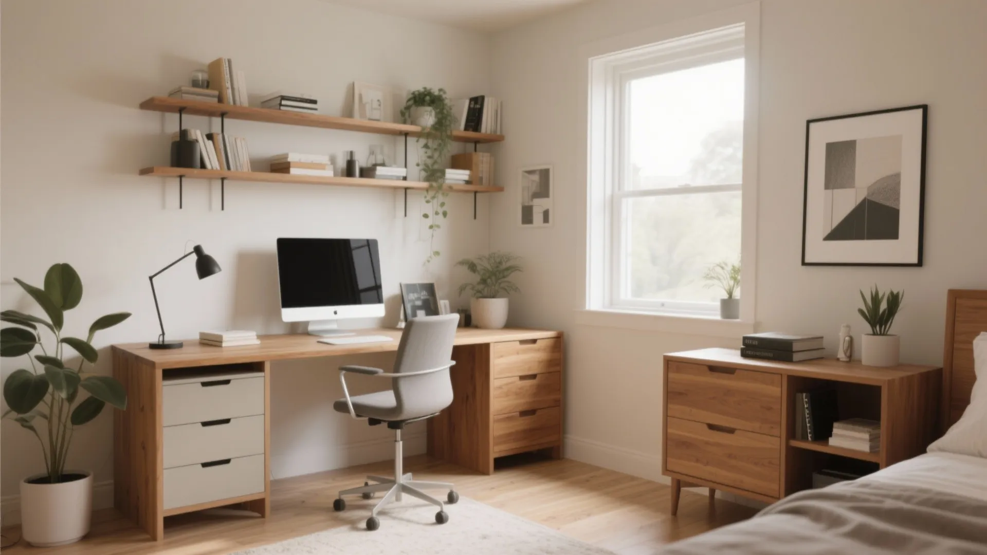 Modern home office with wooden desk grey chair wall shelves computer and natural window light