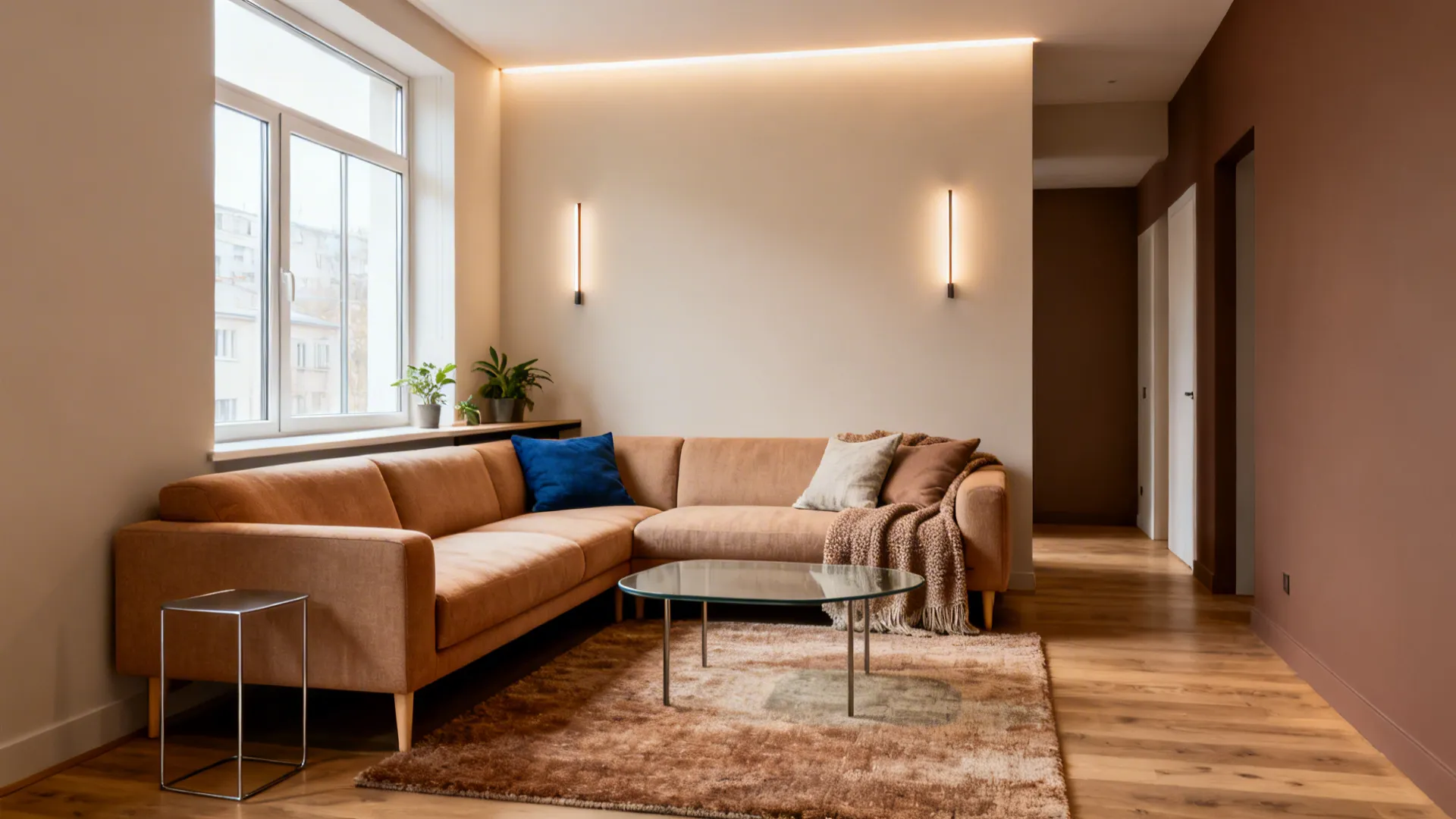 Modern living room featuring an orange corner sofa a glass coffee table and wall lights