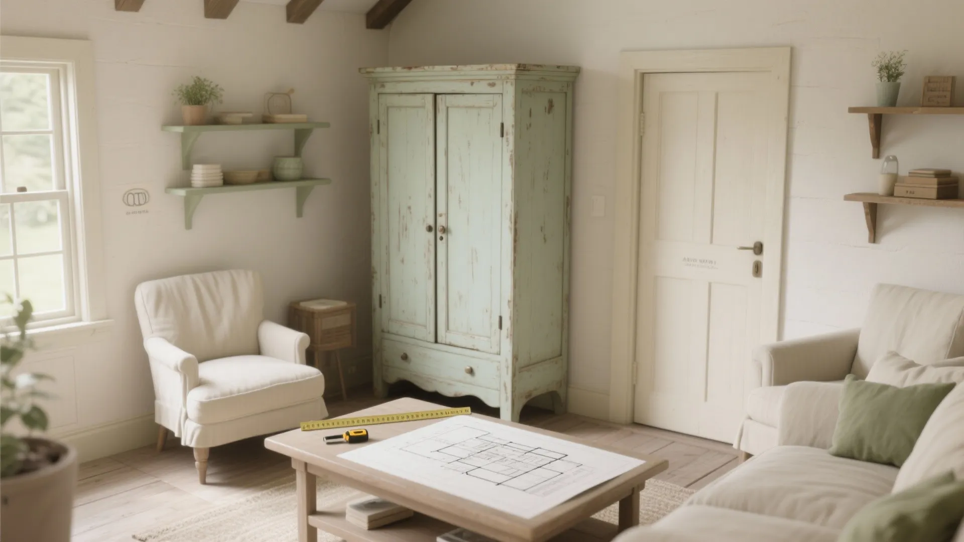 Cottage style living room with floor plan drawing on coffee table and a green wooden cabinet