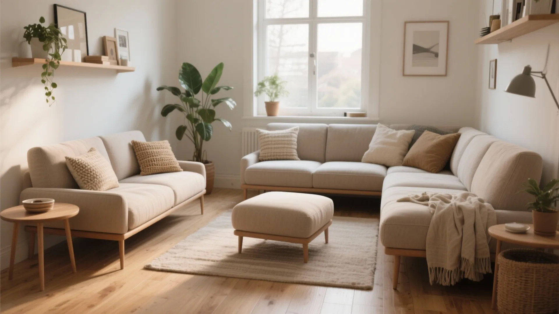 Modern living room featuring two beige sofas a matching footrest and wooden floor with plants