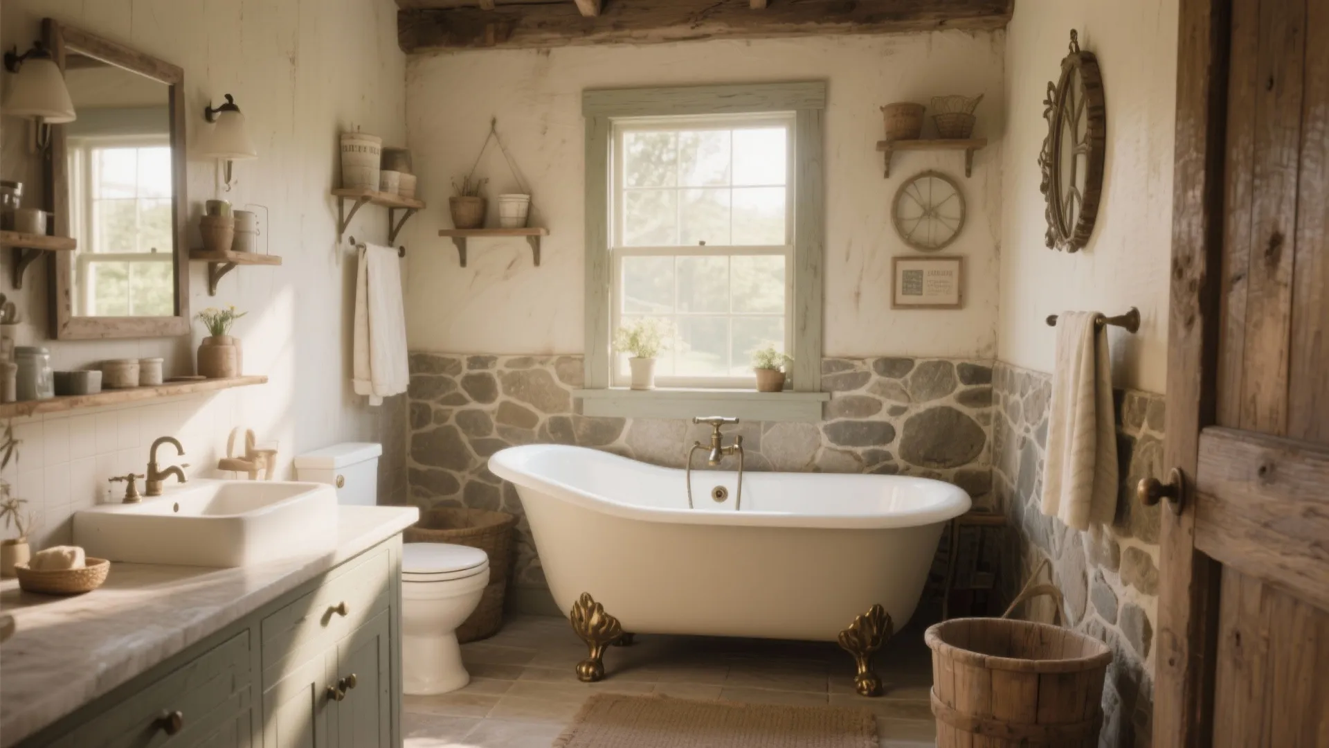 Small country bathroom with white bathtub wooden vanity stone wall panel and a sunny window