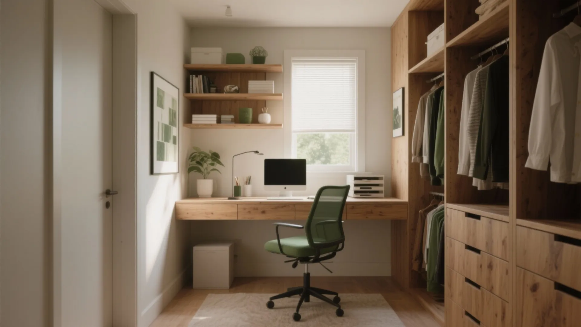 Small home office nook with wooden desk green chair open closet shelves and a bright window