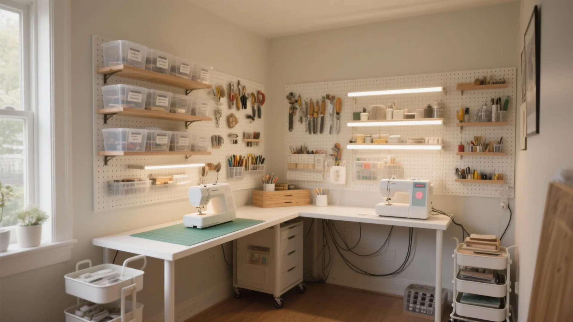 Bright craft room with white desks sewing machines pegboards storage bins tools and warm light fixtures