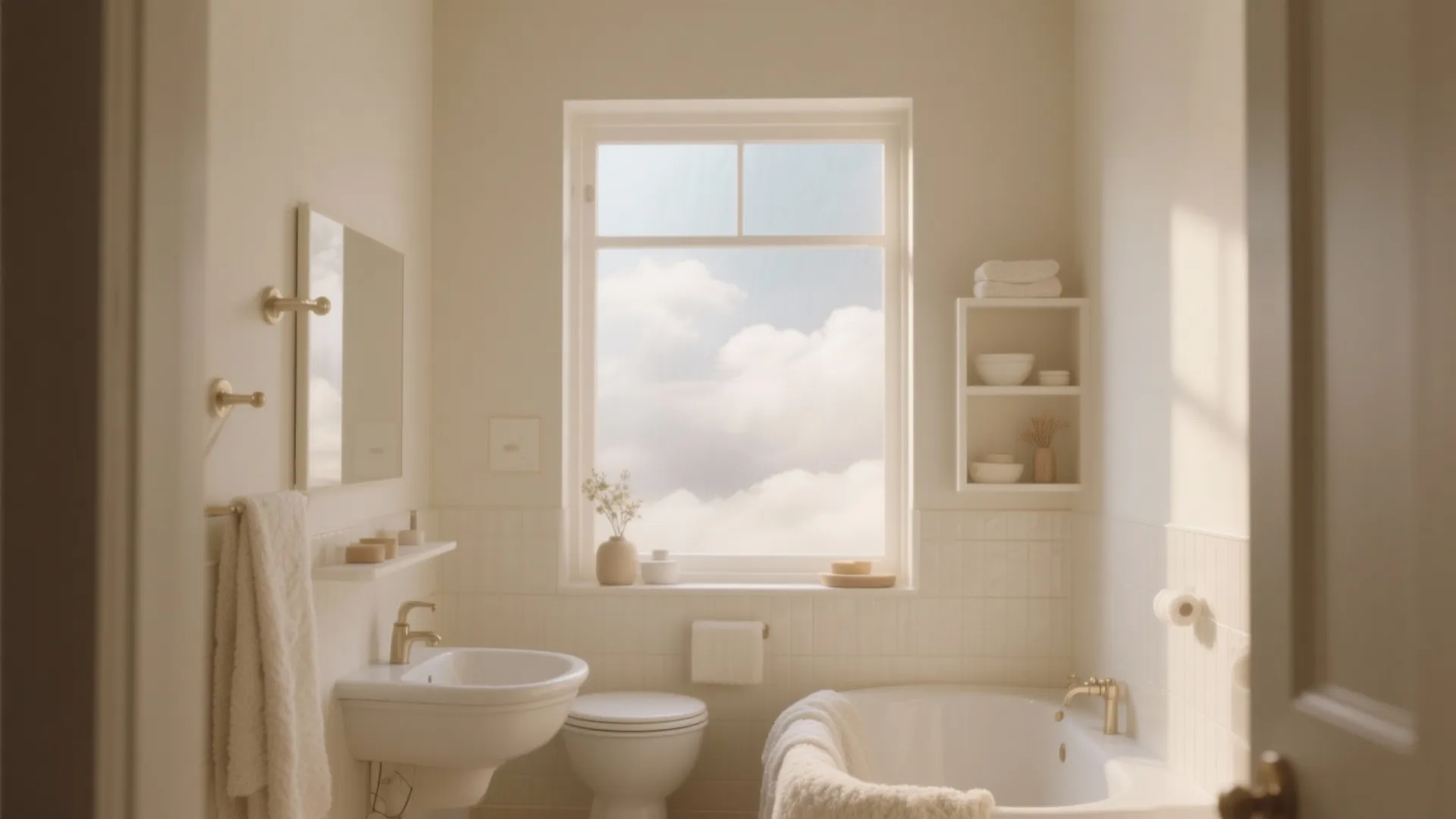 Small cream bathroom featuring a white bathtub toilet sink mirror and window with cloudy sky