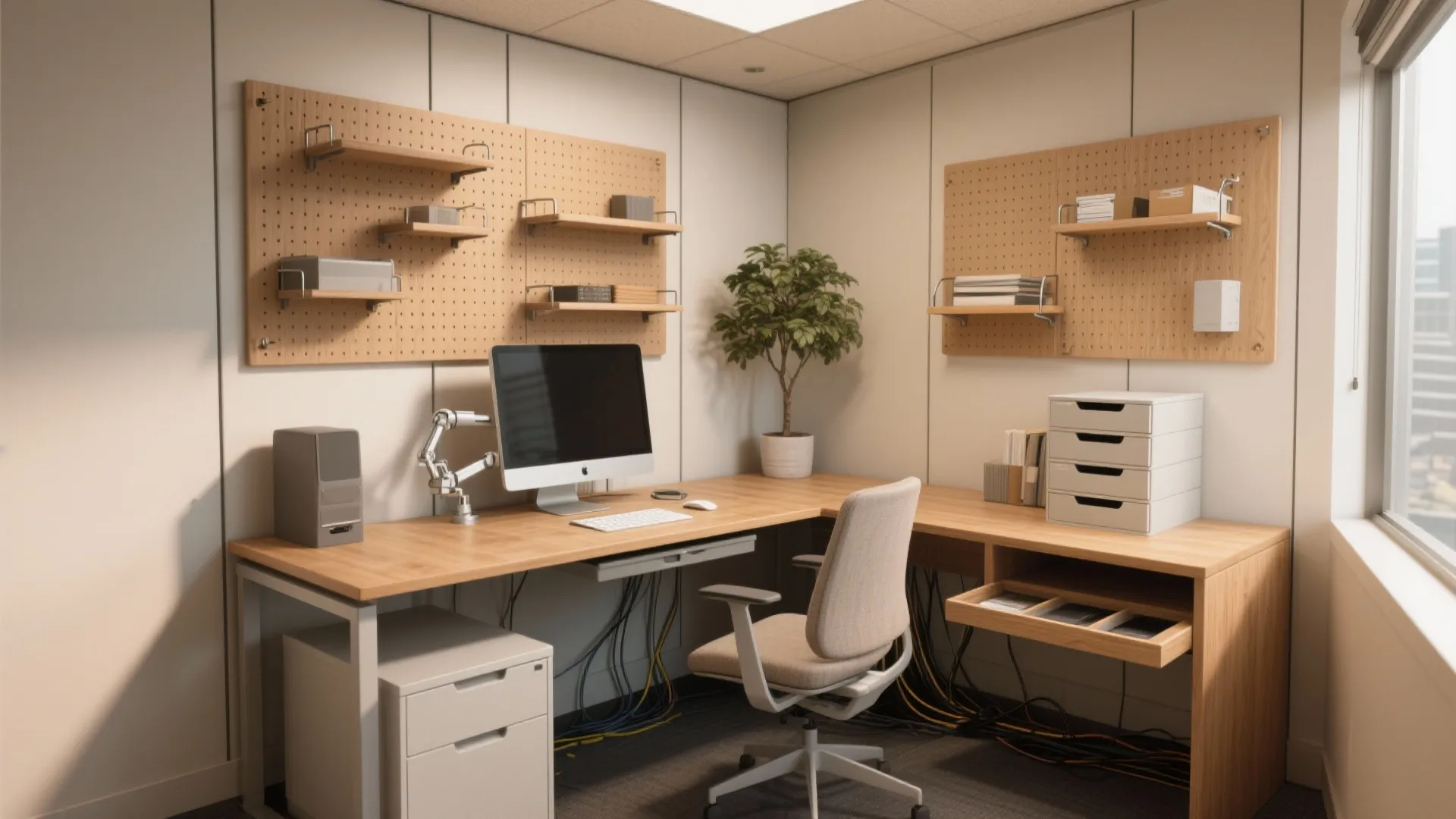 L-shaped wooden desk with computer monitor and wall board storage in a modern office cubicle