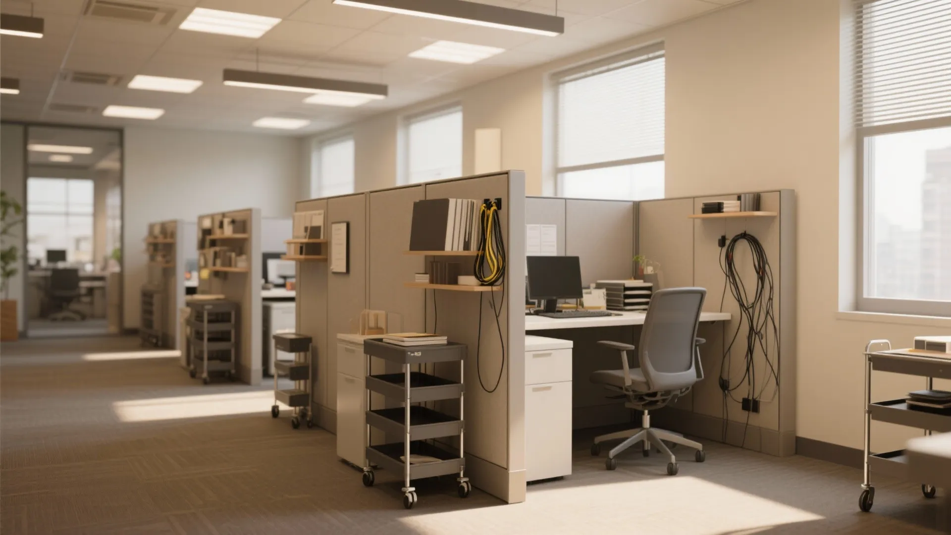 Modern office cubicle with a white desk gray chair rolling storage cart and wall shelf