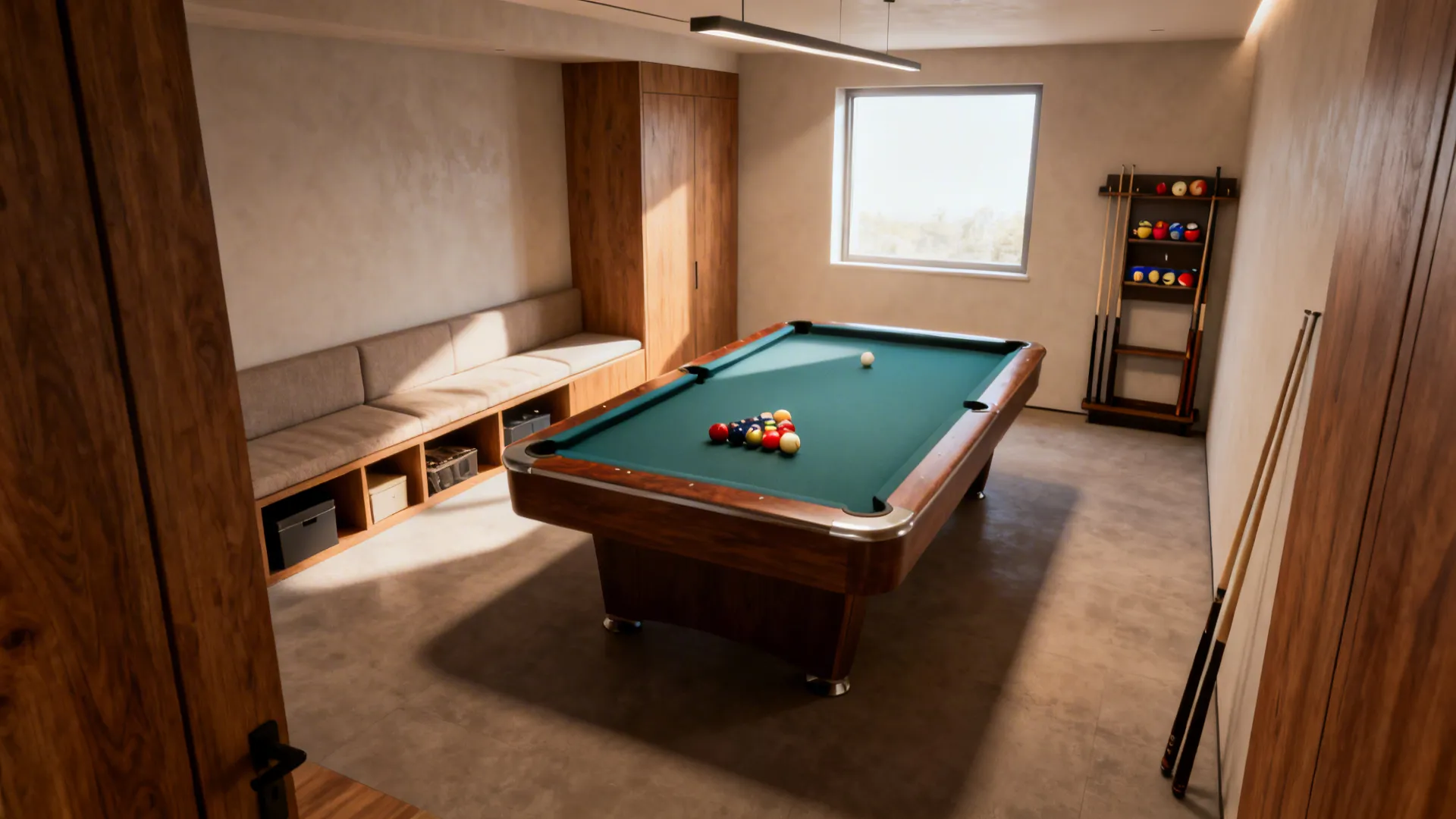 Small room with a 6.5-foot pool table and built-in seating illustrating comfortable circulation