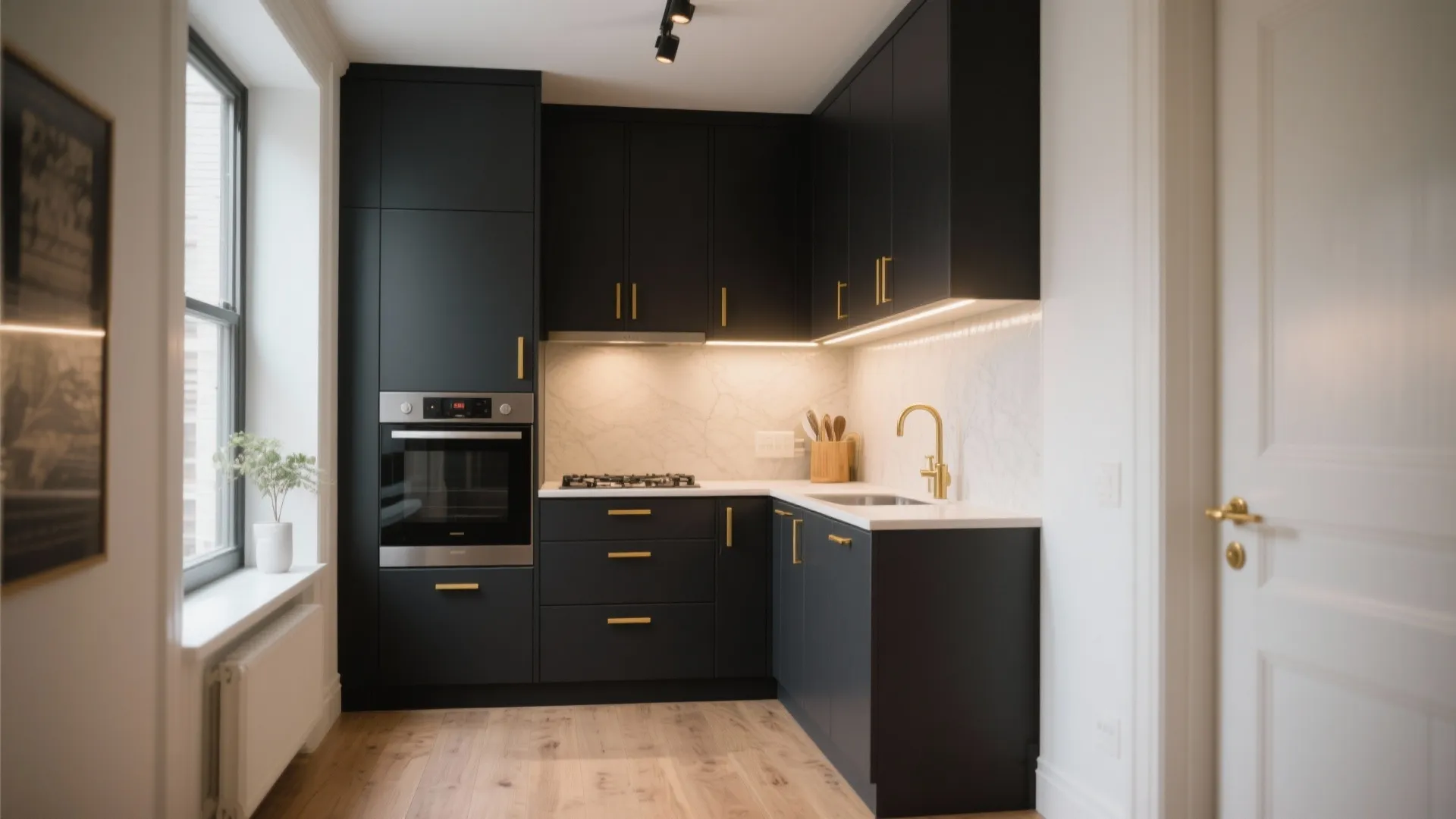 Dark Cabinets, Warm Metals in Tiny Kitchens