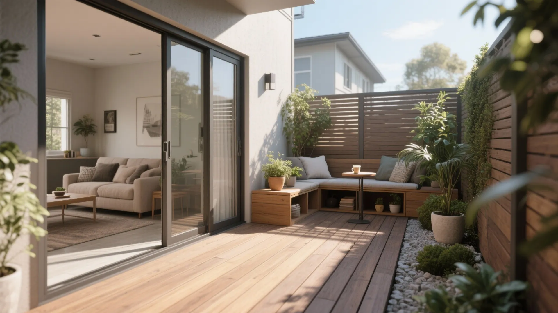 Modern outdoor deck with wooden bench seating sliding glass doors green plants and small round table