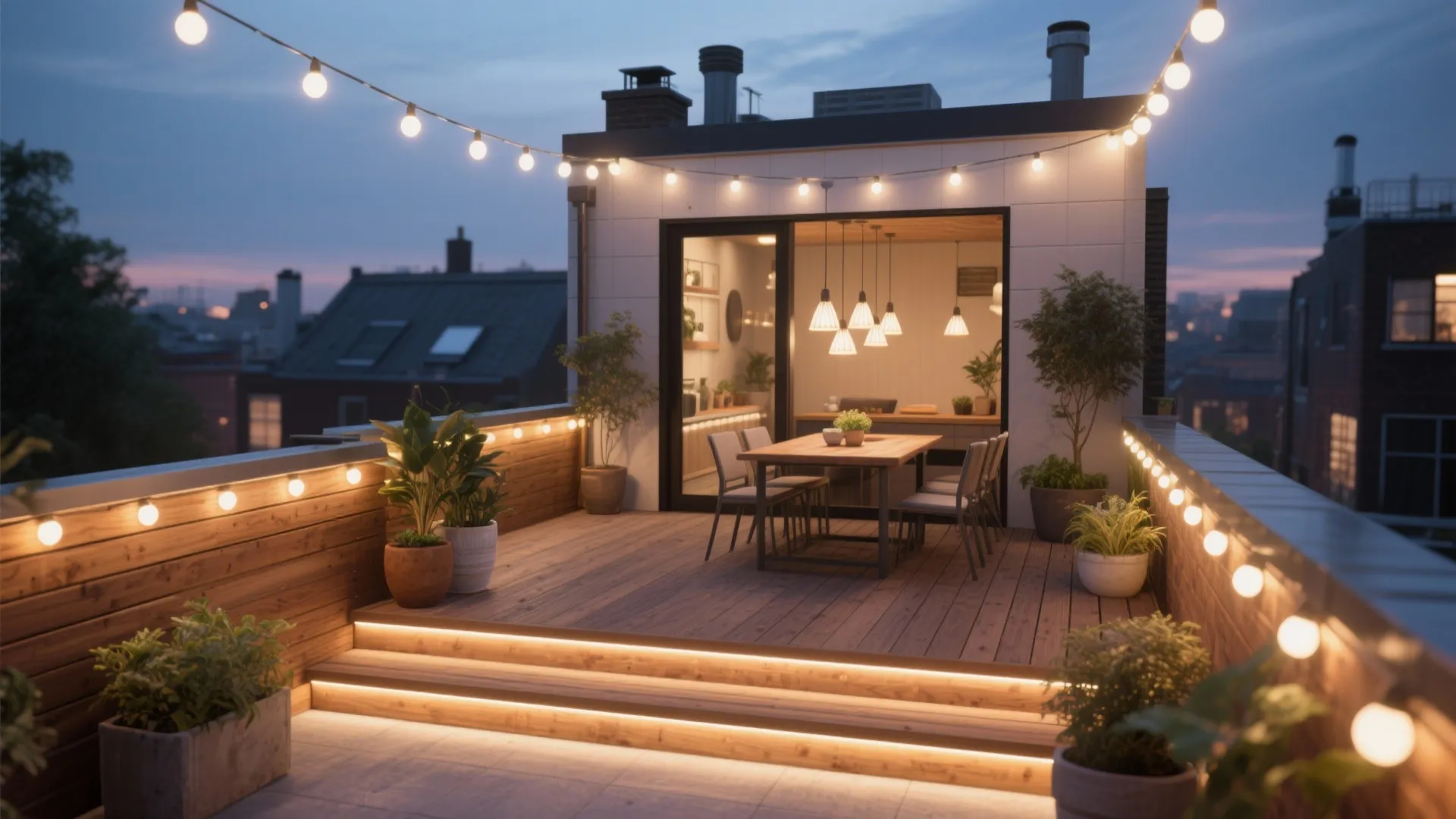 Rooftop deck at night with string lights wooden floor dining table and view of kitchen