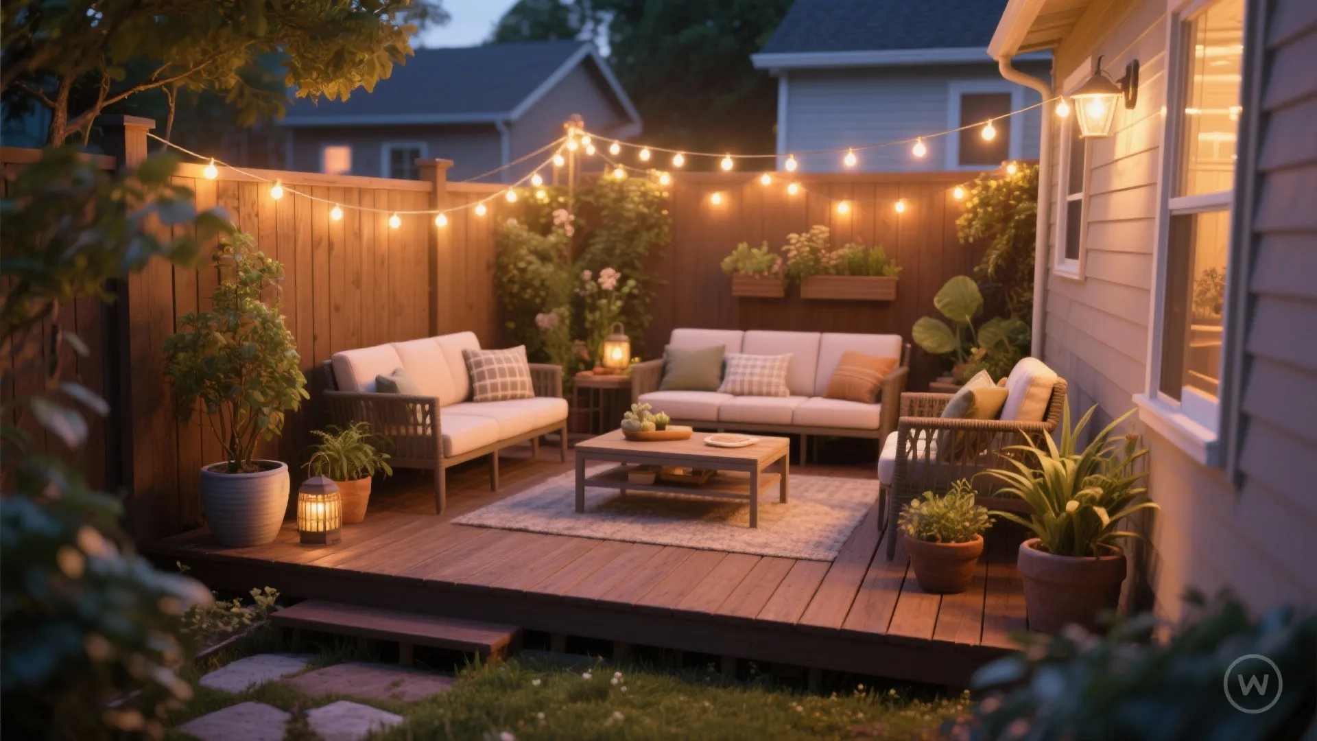Small deck with seating and warm evening lighting