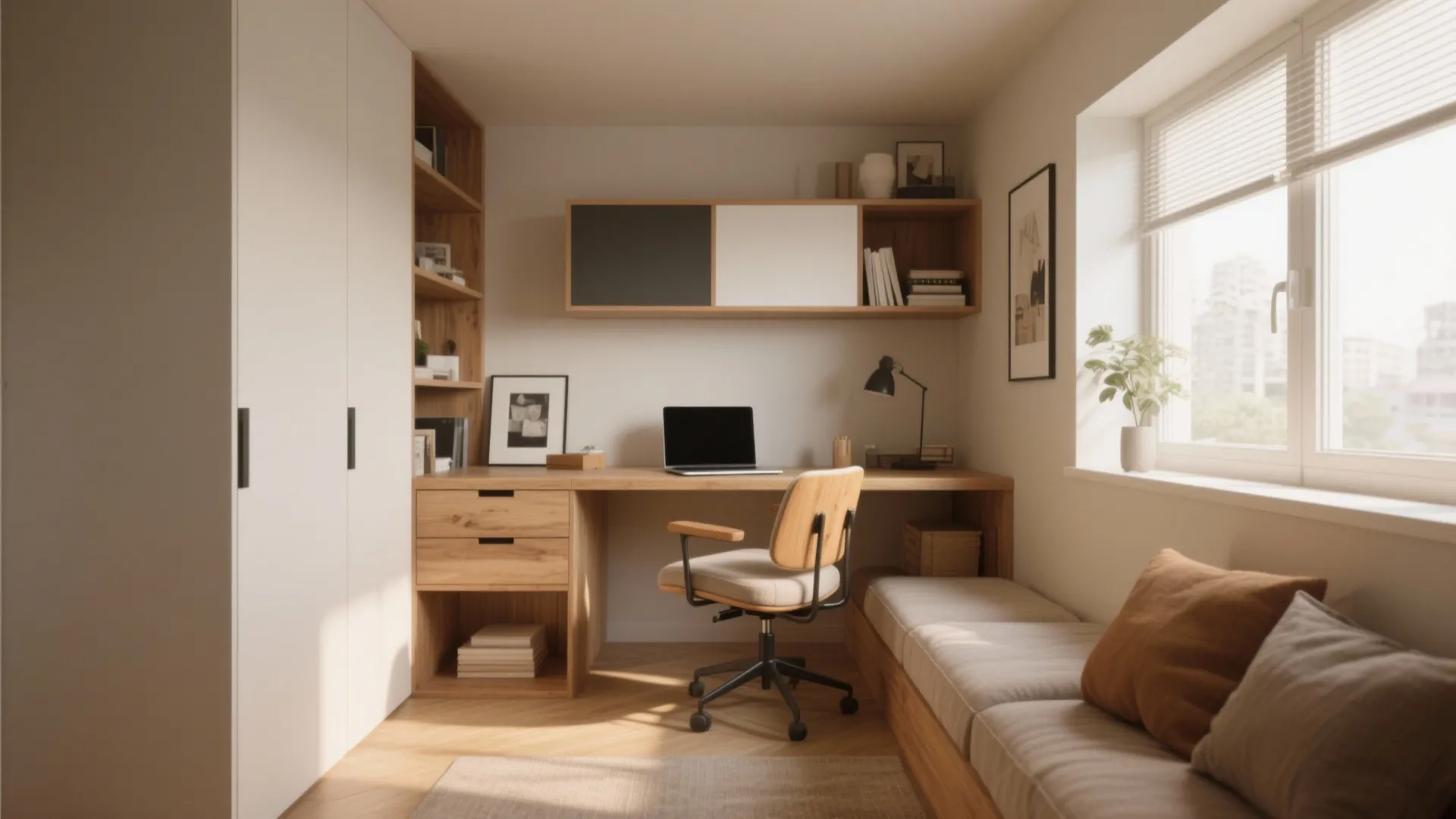Modern small home office featuring wooden desk, laptop, white wardrobe, swivel chair, and daylight window