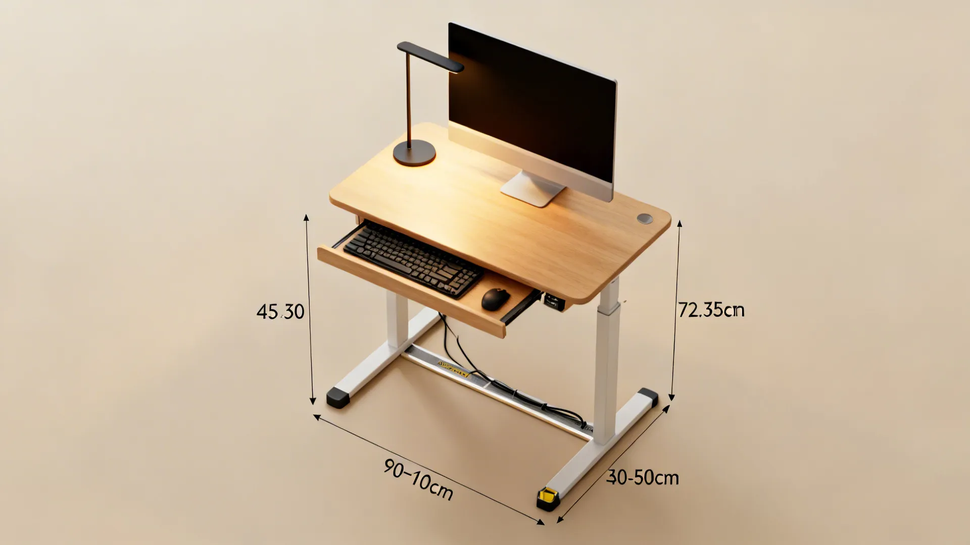 Top-down ergonomic layout with recommended desk sizes, heights, and cable management.