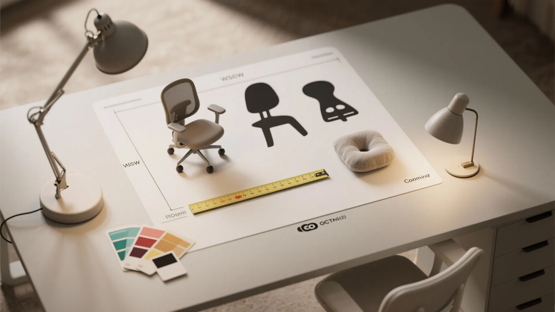 Top-down flatlay of desk size references, compact chairs, cushions and measuring tape for small workspace planning