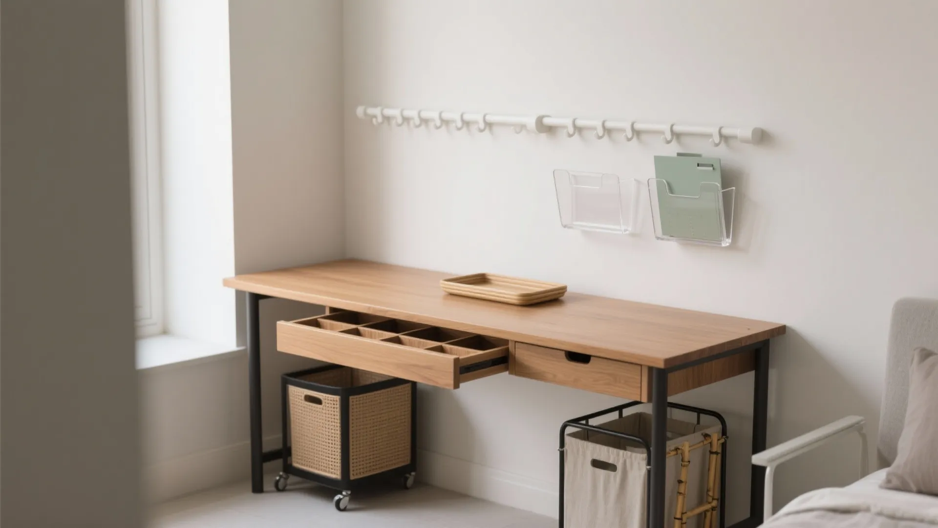 Wooden desk with an open drawer and storage baskets in a bright minimalist home office