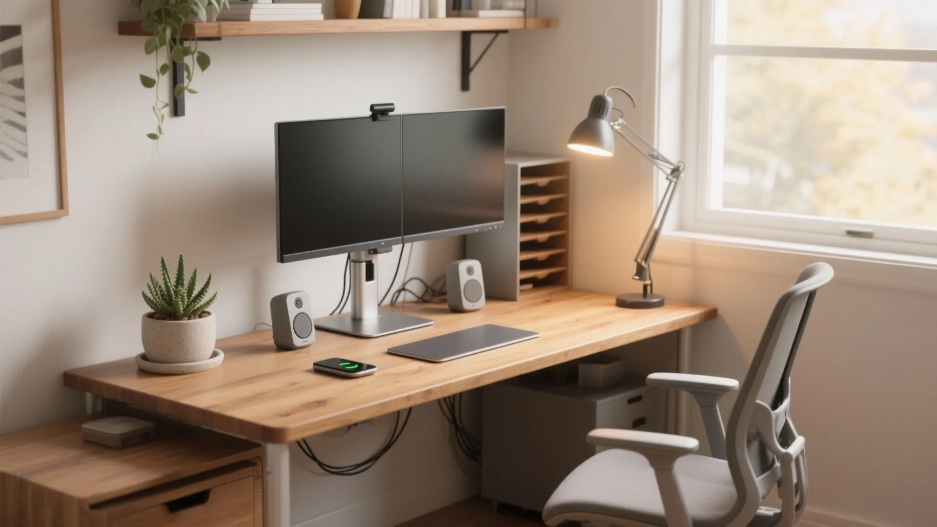 Home office with dual monitors, wooden desk, grey ergonomic chair, desk lamp, and bright window
