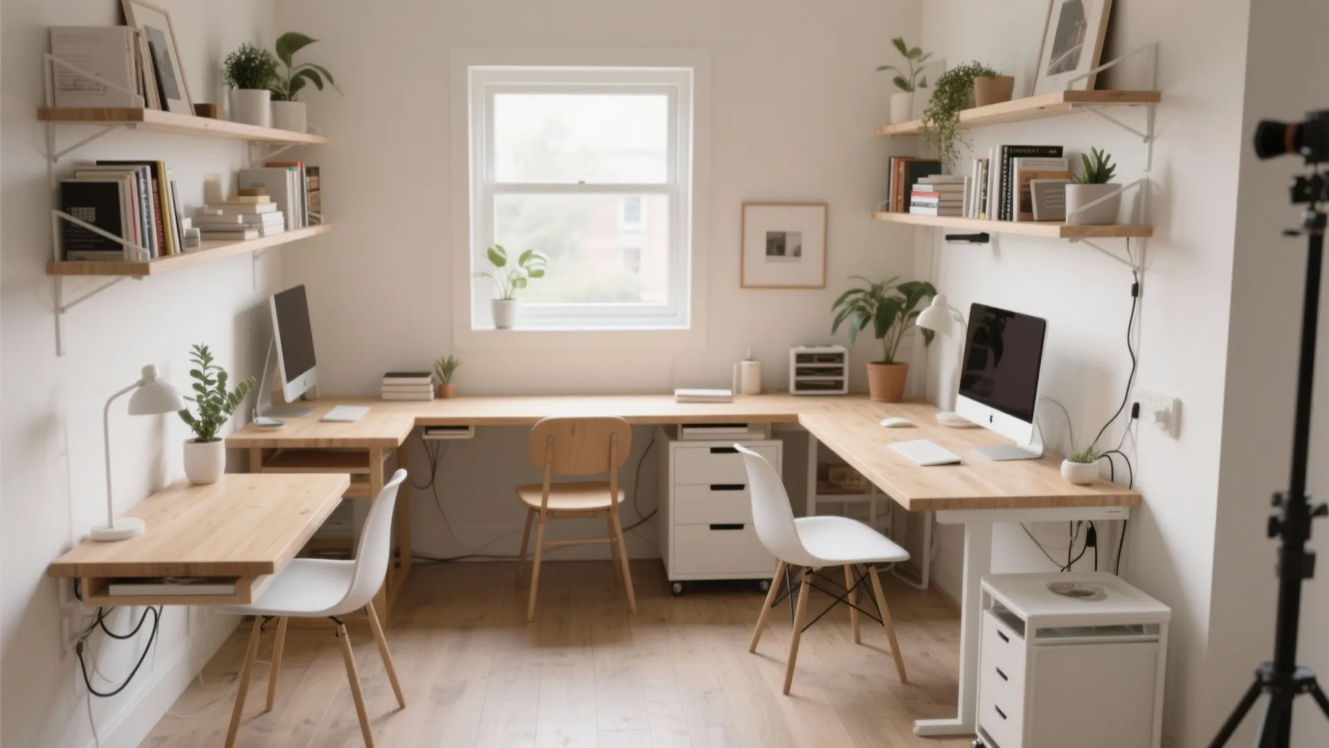 Large wooden corner desk with computers white chairs and wall shelves holding books and plants