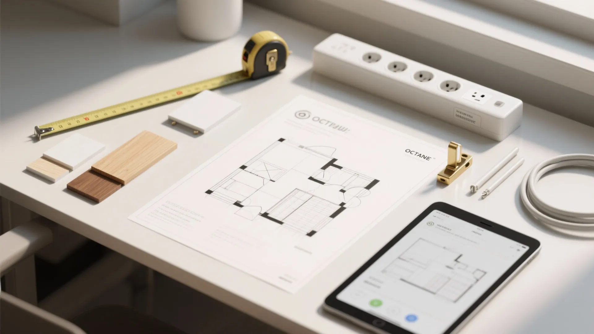 Interior design drawing on a white desk with tape measure wood samples and a tablet