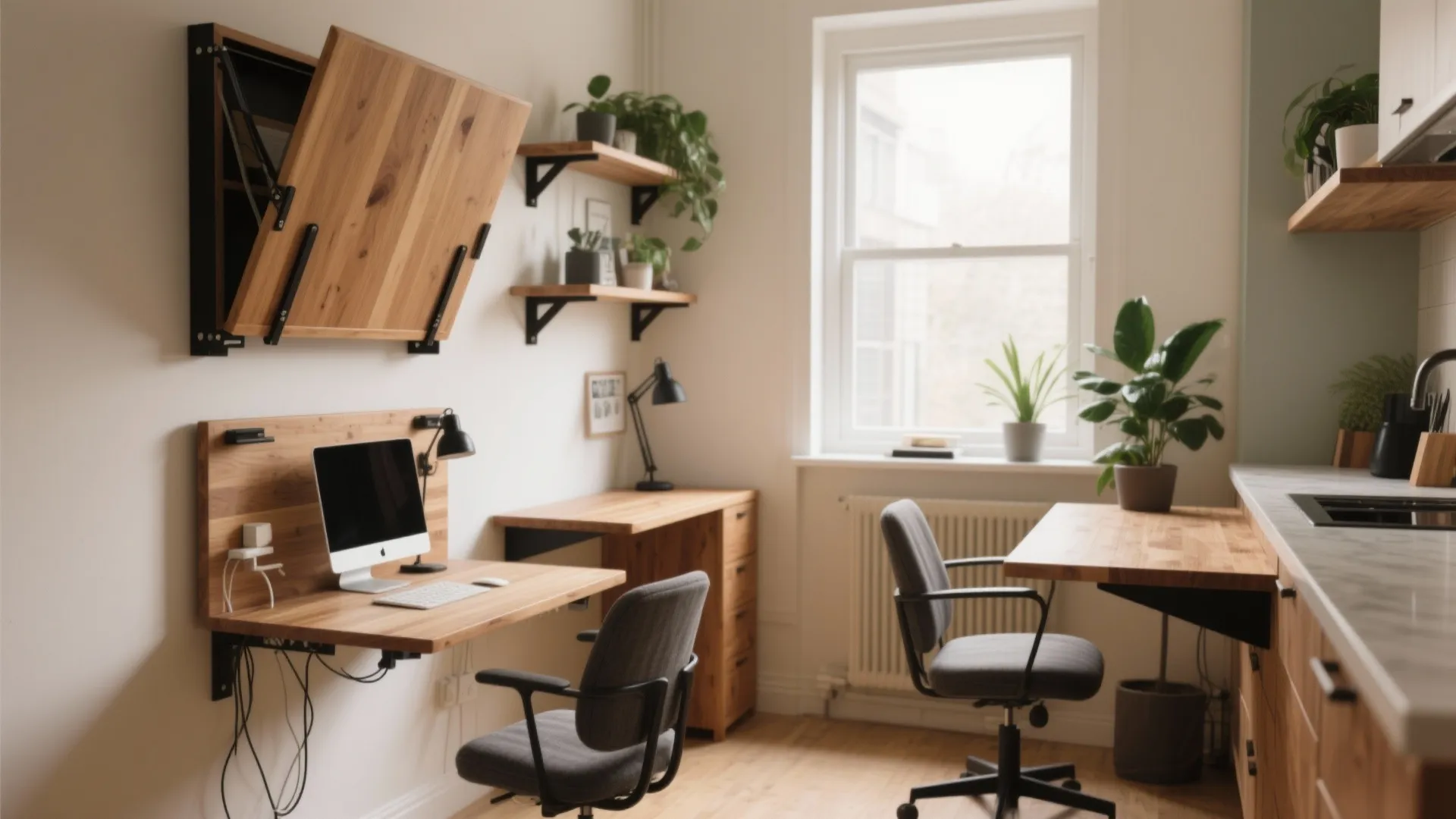 Modern home office setup featuring wall mounted wooden folding desks with grey chairs and plants