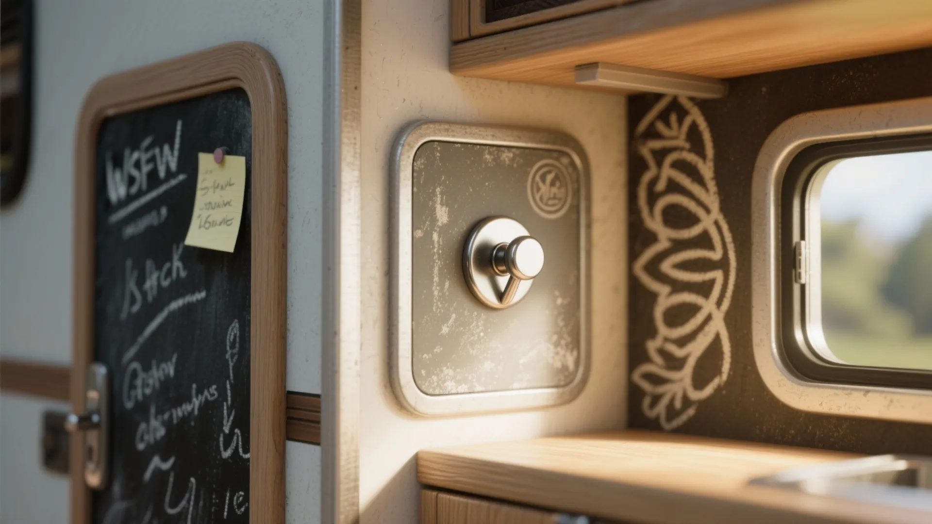 Close up view of a small metal light switch inside a camper van interior design
