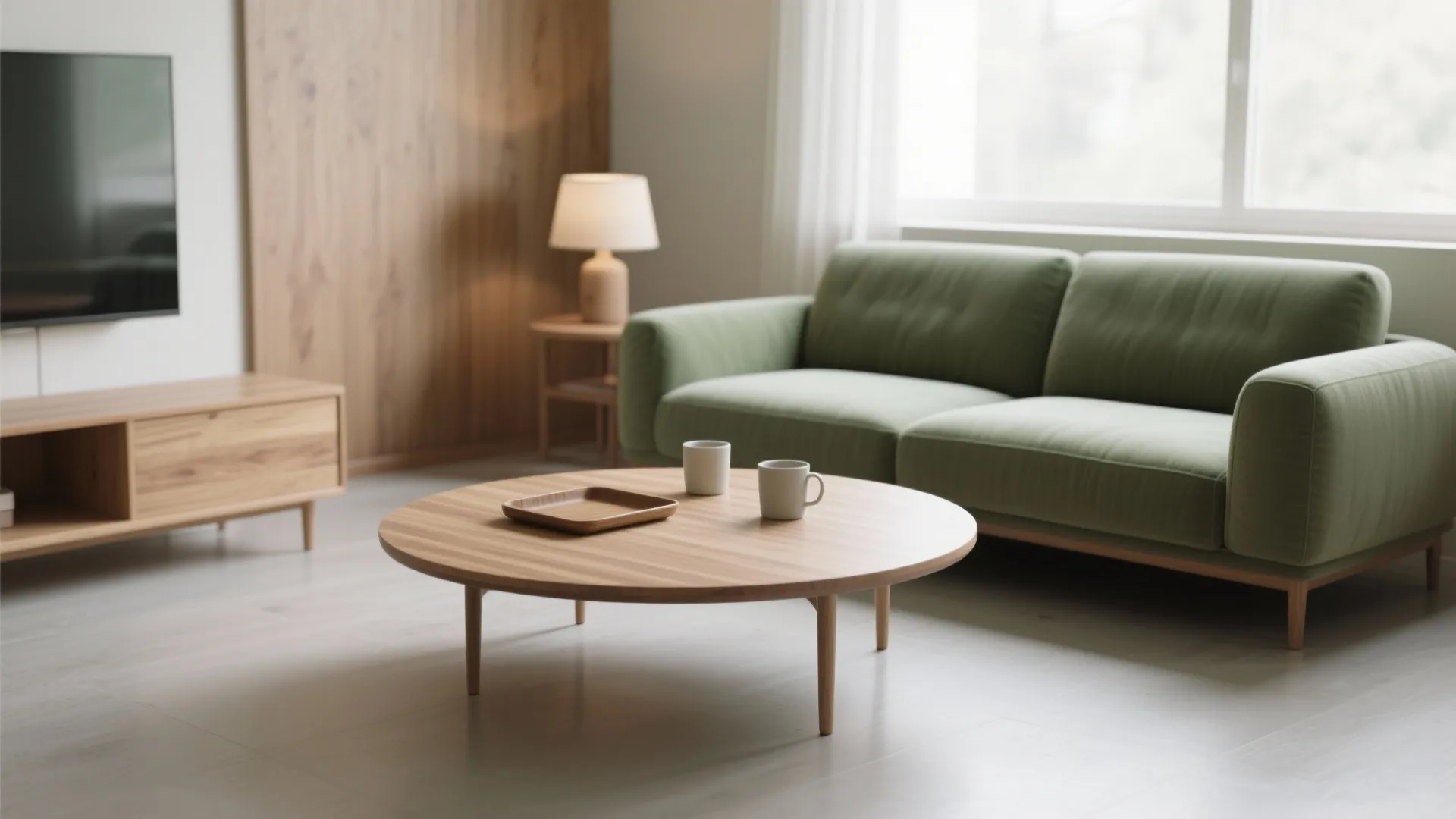 Minimalist living room with green sofa wooden coffee table and matching cabinet under natural light