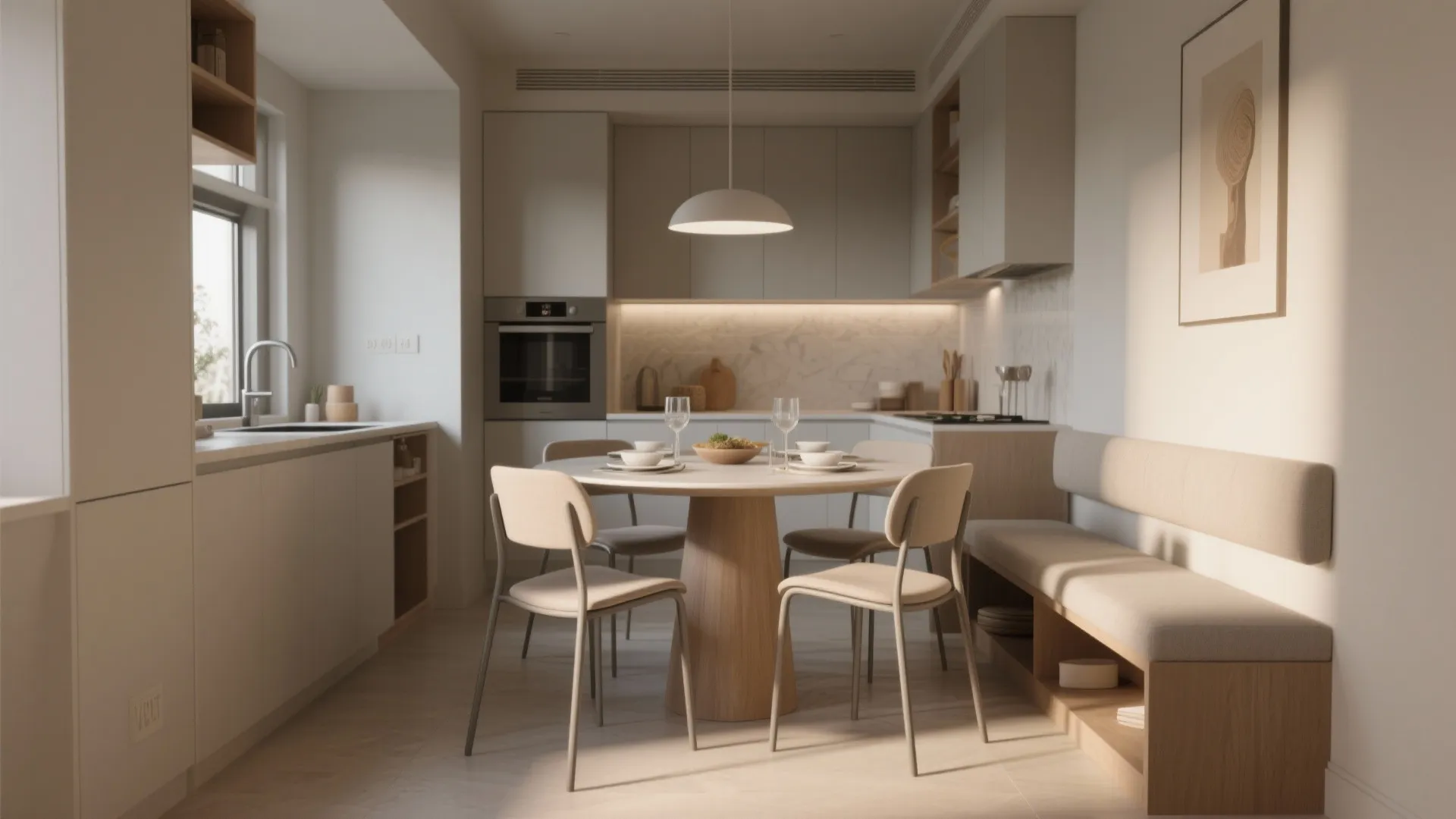 Modern kitchen and dining area with round wooden table four chairs and a sofa bench
