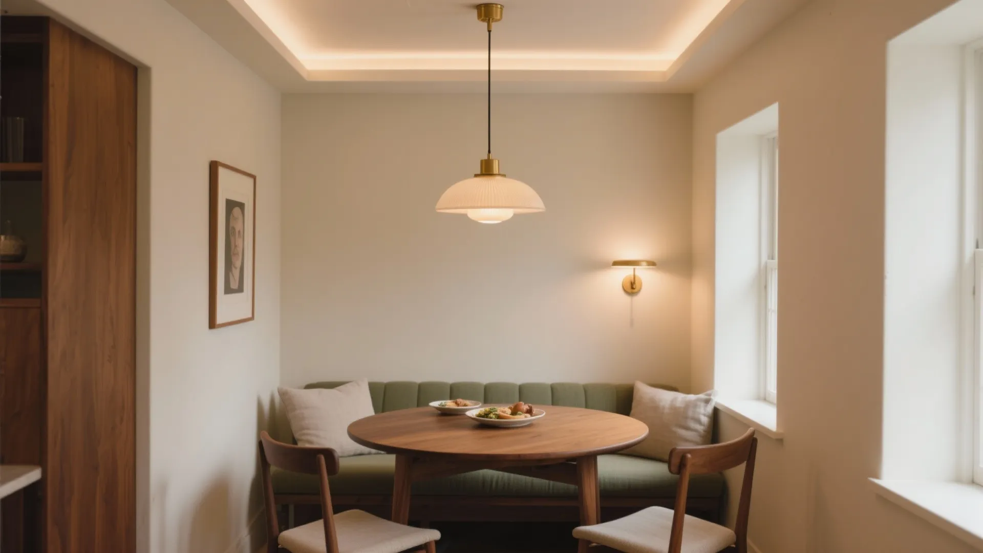 Cozy dining area with a round wooden table, green bench, two chairs, and ceiling light