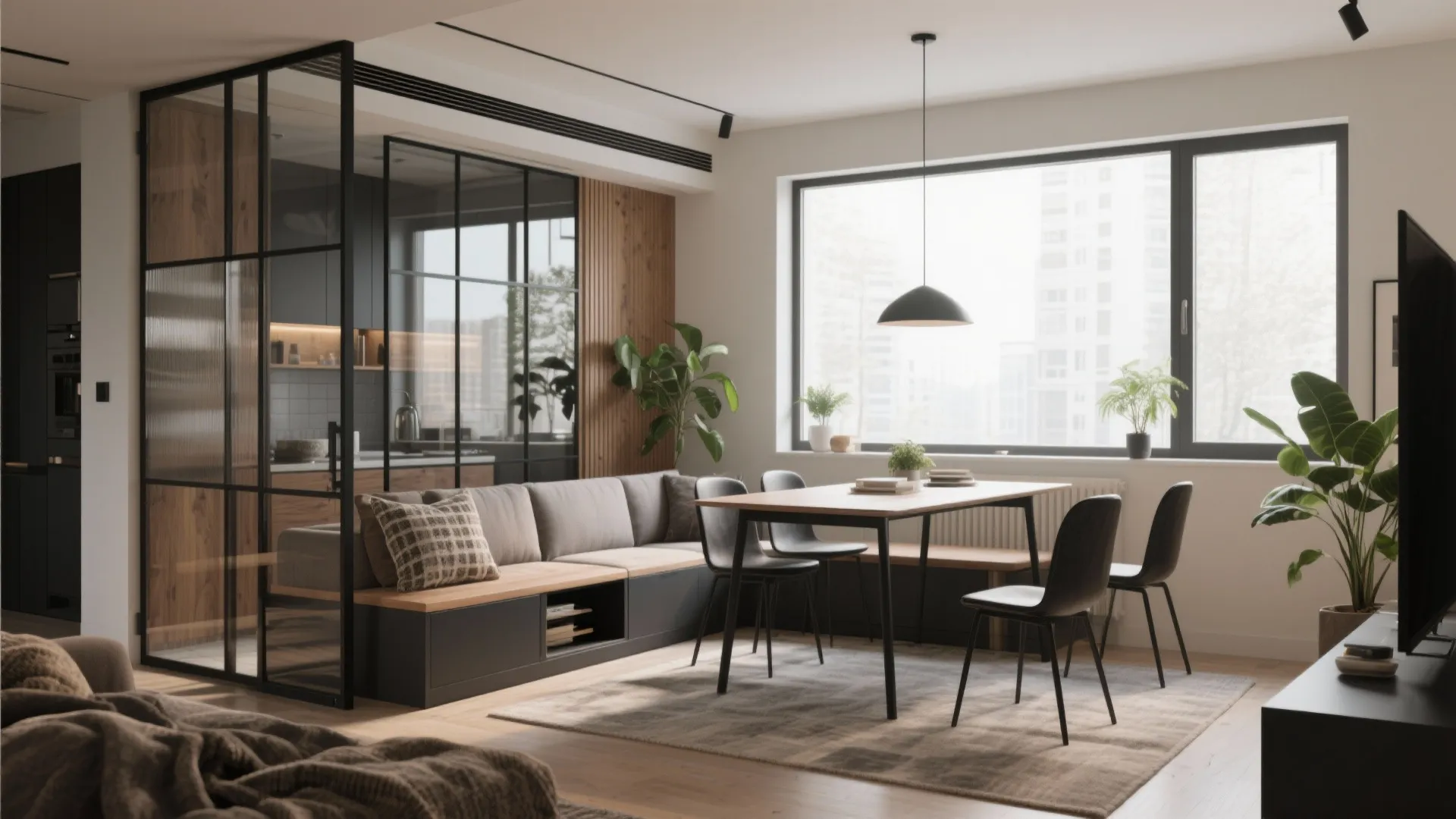 Modern dining area with wooden table black chairs bench seating large window and black ceiling light